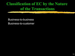 13
Business-to-business
Business-to-customer
Classification of EC by the Nature
of the Transactions
 