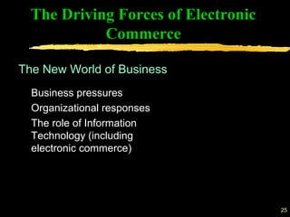 25
The Driving Forces of Electronic
Commerce
Business pressures
Organizational responses
The role of Information
Technology (including
electronic commerce)
The New World of Business
 