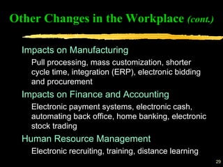 29
Impacts on Manufacturing
Pull processing, mass customization, shorter
cycle time, integration (ERP), electronic bidding
and procurement
Impacts on Finance and Accounting
Electronic payment systems, electronic cash,
automating back office, home banking, electronic
stock trading
Human Resource Management
Electronic recruiting, training, distance learning
Other Changes in the Workplace (cont.)
 