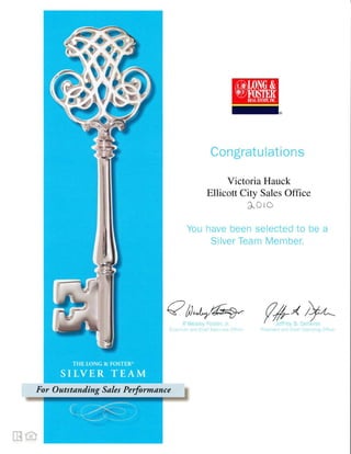 Victoria Hauck
Ellicolt Crtl Sele s OI'l'iec
For Oatstanding Sales Performance
I ,
THE LONG & FOSTER"
SILVER TEAM
Qttara- {r+^ 4^
 