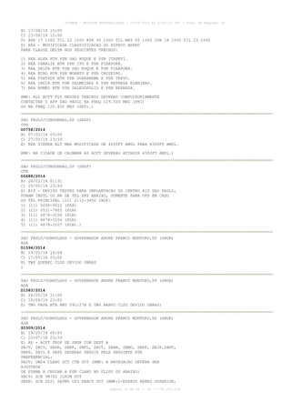 AISWEB - BOLETIM PERSONALIZADO - 17/05/2014 às 12:02:33 UTC - Total de Páginas: 45
página 10 de 45 :: IP 177.81.250.210
B) 17/04/14 15:00
C) 23/06/14 15:00
D) APR 17 1500 TIL 22 1500 APR 30 1500 TIL MAY 05 1500 JUN 18 1500 TIL 23 1500
E) REA - MODIFICADA CLASSIFICACAO DO ESPACO AEREO
PARA CLASSE DELTA NOS SEGUINTES TRECHOS:
1) REA ALFA BTN PSN SAO ROQUE E PSN ITAPEVI.
2) REA CHARLIE BTN PSN ITU E PSN PIRAPORA.
3) REA DELTA BTN PSN SAO ROQUE E PSN PIRAPORA.
4) REA ECHO BTN PSN MORATO E PSN CRUZEIRO.
5) REA FOXTROT BTN PSN GUARAREMA E PSN TREVO.
6) REA INDIA BTN PSN PALMEIRAS E PSN REPRESA RIBEIRAO.
7) REA ROMEO BTN PSN SALESOPOLIS E PSN REPRESA.
RMK: ALL ACFT FLY NESSES TRECHOS DEVERAO COMPULSORIAMENTE
CONTACTAR O APP SAO PAULO NA FREQ 129.500 MHZ (PRI)
OU NA FREQ 120.850 MHZ (SRY).)
SAO PAULO/CONGONHAS,SP (SBSP)
OTR
D0758/2014
B) 07/03/14 03:00
C) 27/05/14 23:59
E) REA SIERRA ALT MAX MODIFICADA DE 4200FT AMSL PARA 4500FT AMSL.
RMK: NA CIDADE DE CAJAMAR AS ACFT DEVERAO ATINGIR 4500FT AMSL.)
SAO PAULO/CONGONHAS,SP (SBSP)
OTR
D0688/2014
B) 26/02/14 01:31
C) 25/05/14 23:59
E) AIS - DEVIDO TESTES PARA IMPLANTACAO DO CENTRO AIS SAO PAULO,
FORAM INSTL OS NR DE TEL SRY ABAIXO, SOMENTE PARA OPS EM CASO
DO TEL PRINCIPAL (11) 2112-3450 INOP:
1) (11) 5090-9022 (FAX)
2) (11) 5531-7602 (PLN)
3) (11) 4878-3104 (PLN)
4) (11) 4878-3106 (PLN)
5) (11) 4878-3107 (PLN).)
SAO PAULO/GUARULHOS - GOVERNADOR ANDRE FRANCO MONTORO,SP (SBGR)
AGA
D1594/2014
B) 13/05/14 19:08
C) 17/05/14 23:00
E) TWY QUEBEC CLSD DEVIDO OBRAS
)
SAO PAULO/GUARULHOS - GOVERNADOR ANDRE FRANCO MONTORO,SP (SBGR)
AGA
D1583/2014
B) 26/05/14 11:00
C) 10/06/14 23:00
E) TWY PAPA BTN RWY 09L/27R E TWY BRAVO CLSD DEVIDO OBRAS)
SAO PAULO/GUARULHOS - GOVERNADOR ANDRE FRANCO MONTORO,SP (SBGR)
AGA
Z0309/2014
B) 19/05/14 00:00
C) 23/07/14 23:59
E) AD - ACFT TKOF DE SBGR COM DEST A
SBJV, SBCY, SBSR, SBNF, SBFL, SBCT, SBAR, SBMO, SBRF, SBJP,SBNT,
SBSV, SBIL E SBPS DEVERAO SEGUIR PELA SEGUINTE RTE
PREFERENCIAL:
SBJV: UW24 CLARO DCT CTB DCT (RMK: A NAVEGACAO DEVERA SER
AJUSTADA
DE FORMA A CRUZAR A PSN CLARO NO FL200 OU ABAIXO)
SBCY: SCB UM782 ILNIM DCT
SBSR: SCB UZ21 SAVMO UZ5 ENACT DCT (RMK:1-ESPACO AEREO SUPERIOR,
 