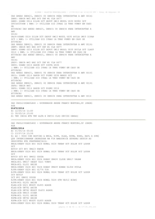 AISWEB - BOLETIM PERSONALIZADO - 17/05/2014 às 12:02:33 UTC - Total de Páginas: 45
página 12 de 45 :: IP 177.81.250.210
DAS AREAS SBR421, SBR431 OU SBR434 PARA INTERCEPTAR A AWY UZ14)
SBRF: UBRIR W45 BHZ DCT CNF W1 YLH G677
SBRF: USAMO UZ14 SILUB DCT DEPOT UW13 MUDOL UZ30 KOVRI DCT
0853S03546W ( RMK: 1- UTILIZAR SID IVRAG 1A TRNS VUMEV EM CASO
DE
ATIVACAO DAS AREAS SBR421, SBR431 OU SBR434 PARA INTERCEPTAR A
AWY
UZ14)
SBJP:USAMO UZ14 SILUB DCT DEPOT UW13 MUDOL UZ30 AVILA UW10 ZIPAR
DCT ( RMK: 1- UTILIZAR SID IVRAG 1A TRNS VUMEV EM CASO DE
ATIVACAO
DAS AREAS SBR421, SBR431 OU SBR434 PARA INTERCEPTAR A AWY UZ14)
SBNT: UBRIR W45 BHZ DCT CNF W1 YLH G677
SBNT: USAMO UZ14 SILUB DCT DEPOT UW13 MUDOL UZ30 AVILA DCT ILNOT
UZ10 ( RMK: 1- UTILIZAR SID IVRAG 1A TRNS VUMEV EM CASO DE
ATIVACAO DAS AREAS SBR421, SBR431 OU SBR434 PARA INTERCEPTAR A
AWY
UZ14)
SBSV: UBRIR W45 BHZ DCT CNF W1 YLH G677
SBSV: USAMO UZ14 GAXUB DCT ISUTA UZ36
( RMK: 1- UTILIZAR SID IVRAG 1A TRNS VUMEV EM CASO DE
ATIVACAO
DAS AREAS SBR421, SBR431 OU SBR434 PARA INTERCEPTAR A AWY UZ14)
SBIL: USAMO UZ14 GAXUB DCT POSMU UZ36 MARSU DCT
( RMK: 1- UTILIZAR SID IVRAG 1A TRNS VUMEV EM CASO DE
ATIVACAO
DAS AREAS SBR421, SBR431 OU SBR434 PARA INTERCEPTAR A AWY UZ14)
SBPS: UBRIR W45
SBPS: USAMO UZ14 GAXUB DCT POSMU UZ16
( RMK: 1- UTILIZAR SID IVRAG 1A TRNS VUMEV EM CASO DE
ATIVACAO
DAS AREAS SBR421, SBR431 OU SBR434 PARA INTERCEPTAR A AWY UZ14
SAO PAULO/GUARULHOS - GOVERNADOR ANDRE FRANCO MONTORO,SP (SBGR)
AGA
D1472/2014
B) 12/05/14 11:00
C) 30/05/14 23:00
E) TWY INDIA BTN TWY ALFA E PATIO CLSD DEVIDO OBRAS)
SAO PAULO/GUARULHOS - GOVERNADOR ANDRE FRANCO MONTORO,SP (SBGR)
AGA
Z0291/2014
B) 01/05/14 00:00
C) 23/07/14 23:59
E) AD - VOOS COM DESTINO A KMIA, KJFK, KLAX, KDFW, KORD, KATL E SVMI
QUE INTENCIONAREM INGRESSAR NA FIR AMAZONICA DEVERAO SEGUIR AS
SEGUINTES RTE PREFERENCIAIS:
KMIA:UKBEV UZ26 BSI UZ24 BOMAL UZ24 TENAP DCT XOLOK DCT LODOK
DCT
BUVIP DCT BVI UM423 PAKON
KMIA:UKBEV UZ26 BSI UZ24 BOMAL UZ24 TENAP DCT XOLOK DCT LODOK
DCT
BUVIP DCT BVI UM402 UDUSA
KMIA:UKBEV UZ26 BSI UZ24 EGBAV UM409 ILSUB UM417 VAGAN
KMIA:RCL UM417 OBGAT UZ21 VUMPI
KMIA:RCL UL201 ABIDE
KMIA:UKBEV UZ26 BSI UZ24 EGBAV UM409 ESMAR UL304 POVLA
KJFK:UKBEV UZ26 BSI UL776 TIR
KJFK:UKBEV UZ26 BSI UZ24 BOMAL UZ24 TENAP DCT XOLOK DCT LODOK
DCT BUVIP
DCT BVI UM402 UDUSA
KJFK:UKBEV UZ26 BSI UZ24 BOMAL UZ24 STM UA312 ACARI
KJFK:RCL UL201 ABIDE
KLAX:SCB UZ21 MUGOT UL655 ASAPA
KLAX:SCB UM782 ABIDE
KLAX:SCB UM782 MUGOT UL655 ASAPA
KLAX:SCB UM415 SIDAK
KDFW:RCL UL201 ABIDE
KDFW:SCB UM782 ABIDE
KDFW:SCB UZ21 MUGOT UL655 ASAPA
KORD:UKBEV UZ26 BSI UZ24 BOMAL UZ24 TENAP DCT XOLOK DCT LODOK
 