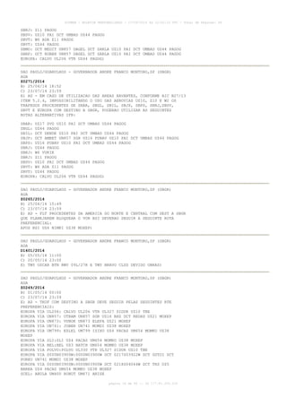 AISWEB - BOLETIM PERSONALIZADO - 17/05/2014 às 12:02:33 UTC - Total de Páginas: 45
página 16 de 45 :: IP 177.81.250.210
SBRJ: Z11 PAGOG
SBSV: UZ10 PAI DCT UMBAD UZ44 PAGOG
SBVT: W6 ADA Z11 PAGOG
SBVT: UZ44 PAGOG
SBMO: DCT MEDIT UN857 DAGEL DCT SARLA UZ10 PAI DCT UMBAD UZ44 PAGOG
SBRF: DCT RUBEN UN857 DAGEL DCT SARLA UZ10 PAI DCT UMBAD UZ44 PAGOG
EUROPA: CALVO UL206 VTR UZ44 PAGOG)
SAO PAULO/GUARULHOS - GOVERNADOR ANDRE FRANCO MONTORO,SP (SBGR)
AGA
Z0271/2014
B) 25/04/14 18:52
C) 23/07/14 23:59
E) AD - EM CASO DE UTILIZACAO DAS AREAS XAVANTES, CONFORME AIC N27/13
ITEM 5.2.4, IMPOSSIBILITANDO O USO DAS AEROVIAS UZ10, Z10 E W2 OS
TRAFEGOS PROCEDENTES DE SBAR, SBGL, SBIL, SBJP, SBPS, SBRJ,SBSV,
SBVT E EUROPA COM DESTINO A SBGR, PODERAO UTILIZAR AS SEGUINTES
ROTAS ALTERNATIVAS IFR:
SBAR: UZ17 SVD UZ10 PAI DCT UMBAD UZ44 PAGOG
SBGL: UZ44 PAGOG
SBIL: DCT DENDE UZ10 PAI DCT UMBAD UZ44 PAGOG
SBJP: DCT AMBET UN857 SGR UZ16 PUBAV UZ10 PAI DCT UMBAD UZ44 PAGOG
SBPS: UZ16 PUBAV UZ10 PAI DCT UMBAD UZ44 PAGOG
SBRJ: UZ44 PAGOG
SBRJ: W6 VUKIK
SBRJ: Z11 PAGOG
SBSV: UZ10 PAI DCT UMBAD UZ44 PAGOG
SBVT: W6 ADA Z11 PAGOG
SBVT: UZ44 PAGOG
EUROPA: CALVO UL206 VTR UZ44 PAGOG)
SAO PAULO/GUARULHOS - GOVERNADOR ANDRE FRANCO MONTORO,SP (SBGR)
AGA
Z0265/2014
B) 25/04/14 15:49
C) 23/07/14 23:59
E) AD - FLT PROCEDENTES DA AMERICA DO NORTE E CENTRAL COM DEST A SBGR
QUE PLANEJAREM BLOQUEAR O VOR BSI DEVERAO SEGUIR A SEGUINTE ROTA
PREFERENCIAL:
APOS BSI UZ6 NIMKI UZ38 MOXEP)
SAO PAULO/GUARULHOS - GOVERNADOR ANDRE FRANCO MONTORO,SP (SBGR)
AGA
D1401/2014
B) 05/05/14 11:00
C) 20/05/14 23:00
E) TWY OSCAR BTN RWY 09L/27R E TWY BRAVO CLSD DEVIDO OBRAS)
SAO PAULO/GUARULHOS - GOVERNADOR ANDRE FRANCO MONTORO,SP (SBGR)
AGA
Z0249/2014
B) 01/05/14 00:00
C) 23/07/14 23:59
E) AD - TKOF COM DESTINO A SBGR DEVE SEGUIR PELAS SEGUINTES RTE
PREFERENCIAIS:
EUROPA VIA UL206: CALVO UL206 VTR UL327 SIDUR UZ10 TBE
EUROPA VIA UN857: UTRAM UN857 SGR UZ16 BHZ DCT REDAD UZ21 MOXEP
EUROPA VIA UN873: VUNOK UN873 ELEFA UZ21 MOXEP
EUROPA VIA UN741: JOBER UN741 MUMDI UZ38 MOXEP
EUROPA VIA UM799: ESLEL UM799 ISIXU UZ4 PACAS UM654 MOMKO UZ38
MOXEP
EUROPA VIA SLI:SLI UZ4 PACAS UM654 MOMKO UZ38 MOXEP
EUROPA VIA BEL:BEL UZ3 HATCH UM654 MOMKO UZ38 MOXEP
EUROPA VIA POLVO:POLVO UL330 VTR UL327 SIDUR UZ10 TBE
EUROPA VIA 0000N03900W:0000N03900W DCT 0217S03922W DCT GUTOI DCT
PUREU UN741 MUMDI UZ38 MOXEP
EUROPA VIA 0000N03900W:0000N03900W DCT 0218S04044W DCT TRS UZ5
BARKA UZ4 PACAS UM654 MOMKO UZ38 MOXEP
SCEL: ARULA UM400 RONUT UM671 ANISE
 