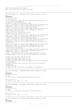 AISWEB - BOLETIM PERSONALIZADO - 17/05/2014 às 12:02:33 UTC - Total de Páginas: 45
página 17 de 45 :: IP 177.81.250.210
SGAS: FOZ UM548 RONUT UM671 ANISE
MPTO: ABIDE UM549 URB DCT PABAV UZ38 MOXEP
)
SAO PAULO/GUARULHOS - GOVERNADOR ANDRE FRANCO MONTORO,SP (SBGR)
AGA
Z0234/2014
B) 01/05/14 00:00
C) 23/07/14 23:59
E) AD - ACFT TKOF DE SBGR COM DEST A EUROPA DEVEM CUMPRIR UMA DAS
SEGUINTES ROTAS PREFERENCIAIS:
1-USAMO UZ14 OBDUD DCT ELEFA UN873 VUNOK
( RMK: 1- UTILIZAR SID IVRAG 1A TRNS VUMEV EM CASO DE ATIVACAO DAS
AREAS SBR421, SBR431 OU SBR434 PARA INTERCEPTAR A AWY UZ14)
2-USAMO UZ14 SILUB DCT BHZ UW13 QUARU UN866 MAGNO
( RMK: 1- UTILIZAR SID IVRAG 1A TRNS VUMEV EM CASO DE ATIVACAO DAS
AREAS SBR421, SBR431 OU SBR434 PARA INTERCEPTAR A AWY UZ14)
3-EKIDI UZ42 PCX UL206 CALVO
4-EKIDI UZ42 PCX DCT KIGUV UN857 UTRAM
5-USAMO UZ14 SILUB DCT CNF UZ4 SLI
( RMK: 1- UTILIZAR SID IVRAG 1A TRNS VUMEV EM CASO DE ATIVACAO DAS
AREAS SBR421, SBR431 OU SBR434 PARA INTERCEPTAR A AWY UZ14)
6-USAMO UZ14 SILUB DCT CNF UZ4 ISIXU UM799 ESLEL
( RMK: 1- UTILIZAR SID IVRAG 1A TRNS VUMEV EM CASO DE ATIVACAO DAS
AREAS SBR421, SBR431 OU SBR434 PARA INTERCEPTAR A AWY UZ14)
7-USAMO UZ14 SILUB DCT CNF UZ4 BARKA UZ5 TRS DCT 0218S04044W DCT
0000N03900W
( RMK: 1- UTILIZAR SID IVRAG 1A TRNS VUMEV EM CASO DE ATIVACAO DAS
AREAS SBR421, SBR431 OU SBR434 PARA INTERCEPTAR A AWY UZ14)
8-USAMO UZ14 SILUB DCT BHZ UW13 PTL DCT UKLEM DCT GUTOI DCT
0217S03922W DCT 0000N03900W
( RMK: 1- UTILIZAR SID IVRAG 1A TRNS VUMEV EM CASO DE ATIVACAO DAS
AREAS SBR421, SBR431 OU SBR434 PARA INTERCEPTAR A AWY UZ14)"
9-USAMO UZ14 SILUB DCT CNF UZ3 BEL
( RMK: 1- UTILIZAR SID IVRAG 1A TRNS VUMEV EM CASO DE ATIVACAO
DAS AREAS SBR421, SBR431 OU SBR434 PARA INTERCEPTAR A AWY UZ14)"
10-EKIDI UZ42 PCX UL206 VTR UL330 POLVO
11-UKBEV UZ26 KOMLU UM654 PACAS UZ4 SLI
12-UKBEV UZ26 KOMLU UM654 HATCH UZ3 BEL
13-UKBEV UZ26 KOMLU UM654 PACAS UZ4 BARKA UZ5 TRS DCT 0218S04044W
DCT 0000N03900W
14-UKBEV UZ26 KOMLU UM654 PUREU DCT GUTOI DCT 0217S03922W DCT
0000N03900W
15-UKBEV UZ26 BEL
16-UKBEV UZ26 BSI UZ5 TRS DCT 0218S04044W DCT 0000N03900W
SAO PAULO/GUARULHOS - GOVERNADOR ANDRE FRANCO MONTORO,SP (SBGR)
AGA
D1168/2014
B) 05/04/14 00:10
C) PERM
E) PATIO VIP NR 6 IDENT MODIFICADA PARA PATIO VIP NR 12
REF: AIP AD 2.8
AIP MAP ADC, PDC, GMC 1, 2, 3 E 4)
SAO PAULO/GUARULHOS - GOVERNADOR ANDRE FRANCO MONTORO,SP (SBGR)
AGA
D1165/2014
B) 04/04/14 21:45
C) PERM
E) PATIO K (6) ASPH/CONC 100/F/B/W/T E 85/R/B/W/T INSTL
REF: AIP AD 2.8
AIP MAP ADC, PDC, GMC 1, 2, 3 E 4)
SAO PAULO/GUARULHOS - GOVERNADOR ANDRE FRANCO MONTORO,SP (SBGR)
AGA
D1164/2014
B) 04/04/14 21:40
 