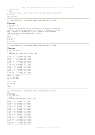 AISWEB - BOLETIM PERSONALIZADO - 17/05/2014 às 12:02:33 UTC - Total de Páginas: 45
página 20 de 45 :: IP 177.81.250.210
B) 07/03/14 20:53
C) PERM
E) STAR RNAV ANSUG 1A RWY09R/09L E STAR ANSUG 1B RWY09R/09L PSN MOXEP
MAX FL290
REF: AIP-MAP)
SAO PAULO/GUARULHOS - GOVERNADOR ANDRE FRANCO MONTORO,SP (SBGR)
ATM
D0726/2014
B) 27/02/14 13:25
C) PERM
E) TMA - EM VIRTUDE DOS REQUISITOS OPERACIONAIS NECESSARIOS PARA AS
STAR E/OU SID NA AREA TERMINAL DE SAO PAULO, A UTILIZACAO DAS ROTAS
RNAV 5, SAINDO OU CHEGANDO DO AD SERA DESTINADA EXCLUSIVAMENTE
PARA AS AERONAVES HOMOLOGADAS RNAV 1 OU RNP 1
REF: AIP AD 2.22
ENR 3
ROTAER 3-S
F) FL055
G) FL195)
SAO PAULO/GUARULHOS - GOVERNADOR ANDRE FRANCO MONTORO,SP (SBGR)
ATM
Z1592/2013
B) 12/12/13 00:00
C) PERM
E) APP SAO PAULO FREQ MODIFICADAS PARA
SETOR 1 - 125.600MHZ 119.600MHZ
SETOR 2 - 134.900MHZ 122.750MHZ
SETOR 3 - 135.750MHZ 120.050MHZ
SETOR 4 - 119.800MHZ 129.000MHZ
SETOR 5 - 132.100MHZ 120.250MHZ
SETOR 6 - 134.650MHZ 123.250MHZ
SETOR 7- 120.450MHZ 129.050MHZ
SETOR 8- 135.250MHZ 124.700MHZ
SETOR 9- 129.750MHZ 119.150MHZ
SETOR 10- 133.850MHZ 119.050MHZ
SETOR 11- 119.250MHZ 121.400MHZ
SETOR 12- 124.150MHZ 134.150MHZ
EMERG 121.500MHZ
FIS 123.900 MHZ
VFR 129.500 MHZ
REF: AIP AD 2
AIP MAP IAC
SID
STAR)
SAO PAULO/GUARULHOS - GOVERNADOR ANDRE FRANCO MONTORO,SP (SBGR)
ATM
Z1587/2013
B) 12/12/13 00:00
C) PERM
E) ACC BRASILIA FREQ MODIFICADAS PARA
SETOR 1- 126.150MHZ 127.250MHZ
SETOR 2- 134.000MHZ 123.350MHZ
SETOR 3- 126.800MHZ 128.500MHZ
SETOR 4- 128.050MHZ 135.150MHZ
SETOR 5- 124.200MHZ 126.450MHZ
SETOR 6- 133.750MHZ 128.300MHZ
SETOR 7 -125.050MHZ 123.750MHZ
SETOR 8- 123.950MHZ 126.050MHZ
SETOR 9- 128.200MHZ 135.900MHZ
SETOR 10- 124.700MHZ 133.050MHZ
SETOR 11- 124.500MHZ 135.000MHZ
SETOR 12- 133.100MHZ 133.900MHZ
SETOR 13- 125.550MHZ 124.300MHZ
SETOR 14- 127.000MHZ 123.000MHZ
SETOR 15- 126.750MHZ 127.300MHZ
 