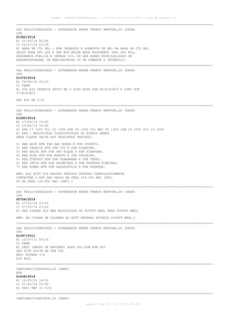 AISWEB - BOLETIM PERSONALIZADO - 17/05/2014 às 12:02:33 UTC - Total de Páginas: 45
página 22 de 45 :: IP 177.81.250.210
SAO PAULO/GUARULHOS - GOVERNADOR ANDRE FRANCO MONTORO,SP (SBGR)
OTR
D1382/2014
B) 01/05/14 00:00
C) 22/07/14 23:59
E) AREA DE CTL HEL - PRB INGRESSO E SOBREVOO DE HEL NA AREA DE CTL HEL
SALVO PARA OPS LDG E DEP NOS HELPN NELA EXISTENTE (EXC OPS MIL,
SEGURANCA PUBLICA E DEFESA CIV, OU SER AEREO ESPECIALIZADO DE
AEROREPORTAGEM, DE AEROINSPECAO OU DE COMBATE A INCENDIO))
SAO PAULO/GUARULHOS - GOVERNADOR ANDRE FRANCO MONTORO,SP (SBGR)
OTR
D1379/2014
B) 24/04/14 20:20
C) PERM
E) AIS AIP INSERIR PATIO NR 5 PISO ASPH PCN 84/F/B/W/T E CONC PCN
57/R/B/W/T
REF AIP AD 2.8)
SAO PAULO/GUARULHOS - GOVERNADOR ANDRE FRANCO MONTORO,SP (SBGR)
OTR
D1280/2014
B) 17/04/14 15:00
C) 23/06/14 15:00
D) APR 17 1500 TIL 22 1500 APR 30 1500 TIL MAY 05 1500 JUN 18 1500 TIL 23 1500
E) REA - MODIFICADA CLASSIFICACAO DO ESPACO AEREO
PARA CLASSE DELTA NOS SEGUINTES TRECHOS:
1) REA ALFA BTN PSN SAO ROQUE E PSN ITAPEVI.
2) REA CHARLIE BTN PSN ITU E PSN PIRAPORA.
3) REA DELTA BTN PSN SAO ROQUE E PSN PIRAPORA.
4) REA ECHO BTN PSN MORATO E PSN CRUZEIRO.
5) REA FOXTROT BTN PSN GUARAREMA E PSN TREVO.
6) REA INDIA BTN PSN PALMEIRAS E PSN REPRESA RIBEIRAO.
7) REA ROMEO BTN PSN SALESOPOLIS E PSN REPRESA.
RMK: ALL ACFT FLY NESSES TRECHOS DEVERAO COMPULSORIAMENTE
CONTACTAR O APP SAO PAULO NA FREQ 129.500 MHZ (PRI)
OU NA FREQ 120.850 MHZ (SRY).)
SAO PAULO/GUARULHOS - GOVERNADOR ANDRE FRANCO MONTORO,SP (SBGR)
OTR
D0754/2014
B) 07/03/14 03:00
C) 27/05/14 23:59
E) REA SIERRA ALT MAX MODIFICADA DE 4200FT AMSL PARA 4500FT AMSL.
RMK: NA CIDADE DE CAJAMAR AS ACFT DEVERAO ATINGIR 4500FT AMSL.)
SAO PAULO/GUARULHOS - GOVERNADOR ANDRE FRANCO MONTORO,SP (SBGR)
OTR
D1397/2011
B) 13/07/11 03:14
C) PERM
E) OBST (GRUPO DE ARVORES) ELEV 802.82M AZM 093
DEG DIST 6667M DA THR 09L
REF: ROTAER 3-S
AIP AD2)
CAMPINAS/VIRACOPOS,SP (SBKP)
AGA
D1638/2014
B) 16/05/14 14:50
C) 31/05/14 21:00
E) PAPI RWY 33 U/S)
CAMPINAS/VIRACOPOS,SP (SBKP)
 