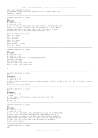 AISWEB - BOLETIM PERSONALIZADO - 17/05/2014 às 12:02:33 UTC - Total de Páginas: 45
página 27 de 45 :: IP 177.81.250.210
(RMK: USAR SOMENTE FL IMPAR)
USA/AMERICA CENTRAL VIA UL776: TIR UL776 BSI UZ2 ENTIT (RMK: USAR
SOMENTE FL IMPAR))
CAMPINAS/VIRACOPOS,SP (SBKP)
AGA
Z0270/2014
B) 25/04/14 18:35
C) 23/07/14 23:59
E) AD - EM CASO DE UTILIZACAO DAS AREAS XAVANTES, CONFORME AIC N27/13
ITEM 5.2.4, IMPOSSIBILITANDO O USO DAS AEROVIAS UZ10, Z10 E W2 OS
TRAFEGOS PROCEDENTES DE SBGL, SBRJ, E SBVT COM DESTINO A SBKP,
PODERAO UTILIZAR AS SEGUINTES ROTAS ALTERNATIVAS IFR:
SBGL: Z11 PAGOG OU W6 VUKIK
SBGL: UZ44 PAGOG
SBRJ: Z11 PAGOG
SBRJ: W6 VUKIK
SBRJ: UZ44 PAGOG
SBVT: W6 VUKIK
SBVT: W6 ADA Z11 PAGOG
SBVT: UZ44 PAGOG)
CAMPINAS/VIRACOPOS,SP (SBKP)
AGA
D1304/2014
B) 29/04/14 08:01
C) 15/07/14 08:00
E) DIST DECLARADAS RWY 15/33 MODIFICADAS DEVIDO
PROVIMENTO DE RESA:
TORA TODA ASDA LDA
RWY 15 3150M 3390M 3150M 3150M
RWY 33 3240M 3390M 3240M 3150M
)
CAMPINAS/VIRACOPOS,SP (SBKP)
AGA
D1303/2014
B) 22/04/14 03:30
C) 20/06/14 07:30
D) APR 22 TIL 26 0330/0730 APR 29 30 0200/0800 MAY 01 TIL 03 06 TIL 10 13 TIL 17 20 TIL 22 JUN 18 TIL 20
0330/0730
E) AD CLSD DEVIDO SER MAINT)
CAMPINAS/VIRACOPOS,SP (SBKP)
AGA
D1162/2014
B) 06/04/14 00:00
C) PERM
E) TWY CHARLIE (RWY EVENTUAL 15R/33L) CLSD PARA LDG E TKOF
REF: ROTAER 3-C
AIP AD 2.8)
CAMPINAS/VIRACOPOS,SP (SBKP)
AGA
Z0140/2014
B) 07/03/14 18:10
C) 04/06/14 23:59
E) AD - OS VOOS COM DEST A SBKP CONTEMPLADOS PELAS RTE PREFERENCIAIS
VIA UZ10, Z10 E W2 DEVERAO EFETUAR SEUS PLANEJAMENTOS DE FLT DE
FORMA A EVITAR O TRECHO BTN VOR PAI E NDB TBE DENTRO DA JANELA DE
ATIVACAO DAS AREAS SBR423, SBR431, SBR434 E SBR421 PREVISTA DE MON
TIL FRI 1400/2100 E AINDA OBS AS RTE ALTERNATIVAS SUGERIDAS
DENTRO DESTE PERIODO)
CAMPINAS/VIRACOPOS,SP (SBKP)
AGA
 