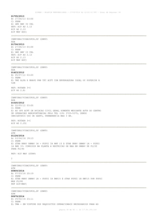 AISWEB - BOLETIM PERSONALIZADO - 17/05/2014 às 12:02:33 UTC - Total de Páginas: 45
página 28 de 45 :: IP 177.81.250.210
D1705/2013
B) 27/06/13 03:00
C) PERM
E) SWY RWY 33 CNL
REF: AIP AD 2.12
AIP AD 2.13
AIP MAP ADC)
CAMPINAS/VIRACOPOS,SP (SBKP)
AGA
D1704/2013
B) 27/06/13 03:00
C) PERM
E) SWY RWY 15 CNL
REF: AIP AD 2.12
AIP AD 2.13
AIP MAP ADC)
CAMPINAS/VIRACOPOS,SP (SBKP)
AGA
D1423/2012
B) 05/07/12 03:00
C) PERM
E) TWY ALFA E BRAVO PRB TFC ACFT COM ENVERGADURA IGUAL OU SUPERIOR A
52M
REF: ROTAER 3-C
AIP AD 2.8)
CAMPINAS/VIRACOPOS,SP (SBKP)
AGA
D1020/2012
B) 22/05/12 03:00
C) PERM
E) AD OPS ACFT DA AVIACAO CIVIL GERAL SOMENTE MEDIANTE AUTH DO CENTRO
DE OPERACOES AEROPORTUARIAS PELO TEL (19) 3725-5375, SENDO
OBRIGATORIO USO DE GARFO, PERMANENCIA MAX 3 HR.
REF: ROTAER 3-C
AIP AD 2.20)
CAMPINAS/VIRACOPOS,SP (SBKP)
ATM
D1124/2014
B) 03/04/14 19:13
C) PERM
E) STAR RNAV OBMAV 1A - PUPSI 1A RWY 15 E STAR RNAV OBMAV 1A - PUPSI
1A RWY 33: CORRIGIR NA PLANTA A RESTRICAO DE MAA EM OBMAV DE FL150
PARA FL140
REF: AIP MAP (STAR)
)
CAMPINAS/VIRACOPOS,SP (SBKP)
ATM
D0809/2014
B) 07/03/14 20:19
C) PERM
E) STAR RNAV OBMAV 1A - PUPSI 1A RWY15 E STAR PUPSI 1B RWY15 PSN PUPSI
MAX FL180
REF AIP-MAP)
CAMPINAS/VIRACOPOS,SP (SBKP)
ATM
D0679/2014
B) 25/02/14 23:11
C) PERM
E) TMA - EM VIRTUDE DOS REQUISITOS OPERACIONAIS NECESSARIOS PARA AS
 