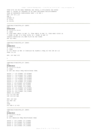 AISWEB - BOLETIM PERSONALIZADO - 17/05/2014 às 12:02:33 UTC - Total de Páginas: 45
página 29 de 45 :: IP 177.81.250.210
STAR E/OU SID NA AREA TERMINAL SAO PAULO, A UTILIZACAO DAS ROTAS
RNAV 5, SAINDO OU CHEGANDO DO AD SERA DESTINADA EXCLUSIVAMENTE
PARA AS AERONAVES HOMOLOGADAS RNAV 1 OU RNP 1
REF: AIP AD 2.22
ENR 3
ROTAER 3C
F) FL055
G) FL195)
CAMPINAS/VIRACOPOS,SP (SBKP)
ATM
D0400/2014
B) 03/02/14 23:14
C) PERM
E) STAR RNAV UMRIX 1A RWY 15, STAR UMRIX 1B RWY 15, STAR RNAV ULVUG 1A
- VUGMU 1A RWY 33 E STAR ULVUG 1B - VUGMU 1B RWY 33
INSERIR RESTRICAO LVL MNM FL100 NA PSN VUGMU
REF AIP MAP)
CAMPINAS/VIRACOPOS,SP (SBKP)
ATM
D3688/2013
B) 12/12/13 00:00
C) PERM
E) SID OBDIK 1B RWY 33 CORRIGIR NA PLANTA A FREQ DO VOR CPN DE 112
PARA 112.00
REF. AIP MAP SID
)
CAMPINAS/VIRACOPOS,SP (SBKP)
ATM
Z1589/2013
B) 12/12/13 00:00
C) PERM
E) APP SAO PAULO FREQ MODIFICADAS PARA
SETOR 1 - 125.600MHZ 119.600MHZ
SETOR 2 - 134.900MHZ 122.750MHZ
SETOR 3 - 135.750MHZ 120.050MHZ
SETOR 4 - 119.800MHZ 129.000MHZ
SETOR 5 - 132.100MHZ 120.250MHZ
SETOR 6 - 134.650MHZ 123.250MHZ
SETOR 7- 120.450MHZ 129.050MHZ
SETOR 8- 135.250MHZ 124.700MHZ
SETOR 9- 129.750MHZ 119.150MHZ
SETOR 10- 133.850MHZ 119.050MHZ
SETOR 11- 119.250MHZ 121.400MHZ
SETOR 12- 124.150MHZ 134.150MHZ
EMERG 121.500MHZ
FIS 123.900 MHZ
VFR 129.500 MHZ
REF: AIP AD2
AIP MAP IAC
SID
STAR
AIP ENR 6 L2 H2)
CAMPINAS/VIRACOPOS,SP (SBKP)
ATM
Z1584/2013
B) 12/12/13 00:00
C) PERM
E) ACC BRASILIA FREQ MODIFICADAS PARA
SETOR 1- 126.150MHZ 127.250MHZ
SETOR 2- 134.000MHZ 123.350MHZ
SETOR 3- 126.800MHZ 128.500MHZ
SETOR 4- 128.050MHZ 135.150MHZ
 