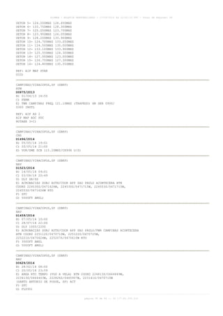 AISWEB - BOLETIM PERSONALIZADO - 17/05/2014 às 12:02:33 UTC - Total de Páginas: 45
página 30 de 45 :: IP 177.81.250.210
SETOR 5- 124.200MHZ 126.450MHZ
SETOR 6- 133.750MHZ 128.300MHZ
SETOR 7- 125.050MHZ 123.750MHZ
SETOR 8- 123.950MHZ 126.050MHZ
SETOR 9- 128.200MHZ 135.900MHZ
SETOR 10- 124.700MHZ 133.050MHZ
SETOR 11- 124.500MHZ 135.000MHZ
SETOR 12- 133.100MHZ 133.900MHZ
SETOR 13- 125.550MHZ 124.300MHZ
SETOR 14- 127.000MHZ 123.000MHZ
SETOR 15- 126.750MHZ 127.300MHZ
SETOR 16- 124.800MHZ 135.550MHZ
REF: AIP MAP STAR
SID)
CAMPINAS/VIRACOPOS,SP (SBKP)
ATM
D0875/2013
B) 01/04/13 14:50
C) PERM
E) TWR CAMPINAS FREQ 121.10MHZ (TRAFEGO) HR SER 0900/
0300 INSTL
REF: AIP AD 2
AIP MAP ADC PDC
ROTAER 3-C)
CAMPINAS/VIRACOPOS,SP (SBKP)
CNS
D1496/2014
B) 05/05/14 19:01
C) 20/05/14 21:00
E) VOR/DME SCB 115.20MHZ/CH99X U/S)
CAMPINAS/VIRACOPOS,SP (SBKP)
NAV
D1523/2014
B) 14/05/14 09:01
C) 03/08/14 20:49
D) DLY SR/SS
E) ACROBACIAS SUBJ AUTH/COOR APP SAO PAULO ACONTECERA BTN
COORD 224530S/0471626W, 224530S/0471715W, 224553S/0471715W,
224553S/0471626W RTO
F) SFC
G) 5000FT AMSL)
CAMPINAS/VIRACOPOS,SP (SBKP)
NAV
D1459/2014
B) 07/05/14 10:00
C) 28/07/14 22:00
D) DLY 1000/2200
E) ACROBACIAS SUBJ AUTH/COOR APP SAO PAULO/TWR CAMPINAS ACONTECERA
BTN COORD 225112S/0470710W, 225122S/0470725W,
225221S/0470624W, 225207S/0470610W RTO
F) 3500FT AMSL
G) 5000FT AMSL)
CAMPINAS/VIRACOPOS,SP (SBKP)
NAV
D0629/2014
B) 28/02/14 08:00
C) 20/05/14 23:59
E) AREA RTO TEMPO (VOO A VELA) BTN COORD 224813S/0464849W,
223413S/0464403W, 222826S/0465907W, 223141S/0470710W
(SANTO ANTONIO DE POSSE, SP) ACT
F) SFC
G) FL090)
 