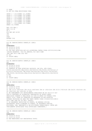 AISWEB - BOLETIM PERSONALIZADO - 17/05/2014 às 12:02:33 UTC - Total de Páginas: 45
página 37 de 45 :: IP 177.81.250.210
C) PERM
E) APP RIO FREQ MODIFICADAS PARA
SETOR 1 - 134.400MHZ 121.250MHZ
SETOR 2 - 119.000MHZ 120.550MHZ
SETOR 3 - 124.950MHZ 134.950MHZ
SETOR 4 - 129.800MHZ 125.950MHZ
SETOR 5 - 126.200MHZ 133.300MHZ
SETOR 6 - 128.900MHZ 119.350MHZ
SETOR 7 - 129.200MHZ 120.750MHZ
EMERG 121.500MHZ
REF: AIP ENR 2
ENR 6 L2 H2
AD 2
AIP MAP ARC RJ/SP
IAC
SID
STAR
ROTAER 3-R)
RIO DE JANEIRO/SANTOS DUMONT,RJ (SBRJ)
NAV
D1630/2014
B) 20/05/14 09:00
C) 20/05/14 09:30
E) PJE SUBJ AUTH/COOR APP RIO ACONTECERA CENTRO COORD 225707S/0431238W
(CRISTO REDENTOR - RIO DE JANEIRO, RJ) RAIO 02NM
(EXC SBR 349 E SBR 324) RTO
F) SFC
G) 4000FT AMSL)
RIO DE JANEIRO/SANTOS DUMONT,RJ (SBRJ)
NAV
D1154/2014
B) 05/04/14 03:00
C) 01/06/14 03:00
E) SOBREVOO DE ASAS ROTATIVAS PROIBIDO, EXC MIL, BTN COORD:
225039.62S/0431554.48W,225010.94S/0431516.67W,225038.23S/0431422.27
W,225114.03S/0431344.73W,225205.84S/0431348.31W,225312.10S/0431401.
30W,225254.19S/0431444.43W,225142.96S/0431510.94W,225101.04S/043152
9.57W
F) SFC
G) 2000FT AMSL)
RIO DE JANEIRO/SANTOS DUMONT,RJ (SBRJ)
OTR
Z0351/2014
B) 15/06/14 19:00
C) 14/07/14 00:00
D) JUN 15/16 1900/0300 JUN 18/19 1600/0000 JUN 22 1300/2100 JUN 25/16 1700/0100 JUN 28/29 1700/0100 JUL
04 1300/2100 JUL 1600/JUL 14 0000
E) EM COMPLEMENTO AOS PROCEDIMENTOS PUBLICADOS NA AIC N12/14 E AIC
A08/14 CONSTANDO AS ALTERACOES TEMPORARIAS NO ESPACO AEREO
BRASILEIRO DURANTE A REALIZACAO DA COPA DO MUNDO DE FUTEBOL FIFA
BRASIL 2014, TODAS AS OPERACOES DE AERONAVES DE ASA ROTATIVA
ESTARAO PROIBIDAS NA AREA PRB TEMPO CENTRO COORD 225442S/0431349W E
RAIO 10NM (PRB SFC AO UNL), EXCETO:
1- AS AERONAVES ENVOLVIDAS NO EVENTO, DA EMPRESA OFICIAL
RESPONSAVEL PELAS FILMAGENS DO EVENTO, DE SEGURANCA PUBLICA,
MILITARES, SAR, AMBULANCIA E EM ATIVIDADES OPERACIONAIS, DESDE QUE
PREVIAMENTE AUTORIZADAS PELA AUTORIDADE COMPETENTE.)
RIO DE JANEIRO/SANTOS DUMONT,RJ (SBRJ)
OTR
D1622/2014
B) 14/05/14 20:33
C) 13/07/14 23:59
E) REH MANGUINHOS ALT OBRIGATORIA 500FT)
 