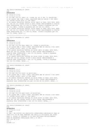 AISWEB - BOLETIM PERSONALIZADO - 17/05/2014 às 12:02:33 UTC - Total de Páginas: 45
página 6 de 45 :: IP 177.81.250.210
SAO PAULO/CONGONHAS,SP (SBSP)
ATM
D0916/2014
B) 14/03/14 17:41
C) 13/06/14 23:59
E) SID RWY 35R/35L IMBID 1B - PUKRA 1B, DE 12 DEC 13, MODIFICAR:
1) NO QUADRO RMK ITEM 3 PARA: GRADIENTE MNM DE SUBIDA 9 POR CENTO
TIL CRUZAR 4000FT APOS 3,3 POR CENTO.
2) NO QUADRO DESCRICAO TEXTUAL SAIDA IMBID 1B PARA: APOS TKOF, MNTN
RDL 348 CGO TIL CRUZAR 3600FT E APOS CURVAR IMEDIATAMENTE A DIREITA
PARA INTERCEPTAR RDL 133 STN TIL MOSRA. CURVAR A ESQUERDA QDR 094
DAD TIL IMBID. CURVAR A ESQUERDA QDR 035 SAT TIL UBRIR.
3) NO QUADRO DESCRICAO TEXTUAL SAIDA PUKRA 1B PARA: APOS TKOF, MNTN
RDL 348 CGO TIL CRUZAR 3600FT E APOS CURVAR IMEDIATAMENTE A DIREITA
PARA INTERCEPTAR RDL 133 STN TIL MOSRA. CURVAR A ESQUERDA QDR 094
DAD TIL PUKRA. ENTAO...)
SAO PAULO/CONGONHAS,SP (SBSP)
ATM
D0915/2014
B) 14/03/14 17:40
C) 13/06/14 23:59
E) SID RWY 35L/35R RNAV IMBID 1A - PUKRA 1A MODIFICAR:
1) NO QUADRO RMK O ITEM 4 PARA: GRADIENTE MNM DE SUBIDA 9 POR CENTO
TIL CRUZAR 4000FT. APOS 3,3 POR CENTO.
2) NO QUADRO DESCRICAO TEXTUAL DA SAIDA IMBID 1A PARA: APOS TKOF,
MNTN HDG 348 TIL CRUZAR 3600FT E APOS CURVAR IMEDIATAMENTE A
DIREITA PARA INTERCEPTAR O HDG 133 TIL MOSRA. CURVAR A ESQUERDA
HDG 094 TIL IMBID. ENTAO...
3) NO QUADRO DESCRICAO TEXTUAL DA SAIDA PUKRA 1A PARA: APOS TKOF,
MNTN HDG 348 TIL CRUZAR 3600FT E APOS CURVAR IMEDIATAMENTE A
DIREITA PARA INTERCEPTAR O HDG 133 TIL MOSRA. CURVAR A ESQUERDA
HDG 094 TIL PUKRA. ENTAO...)
SAO PAULO/CONGONHAS,SP (SBSP)
ATM
D0914/2014
B) 14/03/14 17:37
C) 13/06/14 23:59
E) SID RWY 35L/35R NINVU 1B MODIFICAR:
1) NO QUADRO RMK O ITEM 1 PARA: GRADIENTE MNM DE SUBIDA 9 POR CENTO
TIL CRUZAR 4000FT. APOS 3,3 POR CENTO
2) NO QUADRO DESCRICAO TEXTUAL DA SAIDA NUMBU 1B PARA: APOS TKOF,
MNTN RDL 347 CGO TIL CRUZAR 3400FT E APOS CURVAR IMEDIATAMENTE A
ESQUERDA PARA INTERCEPTAR RDL/QDR 259 BCO/IB TIL NINVU. ENTAO...)
SAO PAULO/CONGONHAS,SP (SBSP)
ATM
D0913/2014
B) 14/03/14 17:34
C) 13/06/14 23:59
E) SID RWY 35L/35R RNAV NINVU 1A MODIFICAR:
1) NO QUADRO RMK O ITEM 4 PARA: GRADIENTE MNM DE SUBIDA 9 POR CENTO
TIL CRUZAR 4000FT APOS 3,3 POR CENTO
2) NO QUADRO DESCRICAO TEXTUAL DA SAIDA NINVU 1A PARA: APOS TKOF,
MNTN HDG 348 ATE CRUZAR 3400FT E APOS CURVAR IMEDIATAMENTE A
ESQUERDA PARA INTERCEPTAR O HDG 259 TIL NINVU. ENTAO,...)
SAO PAULO/CONGONHAS,SP (SBSP)
ATM
D0728/2014
B) 27/02/14 13:35
C) PERM
E) TMA - EM VIRTUDE DOS REQUISITOS OPERACIONAIS NECESSARIOS PARA AS
STAR E/OU SID NA AREA TERMINAL SAO PAULO, A UTILIZACAO DAS ROTAS
RNAV 5, SAINDO OU CHEGANDO DO AD SERA DESTINADA EXCLUSIVAMENTE
PARA AS AERONAVES HOMOLOGADAS RNAV 1 OU RNP 1
REF: AIP AD 2.22
ENR 3
ROTAER 3-S
 