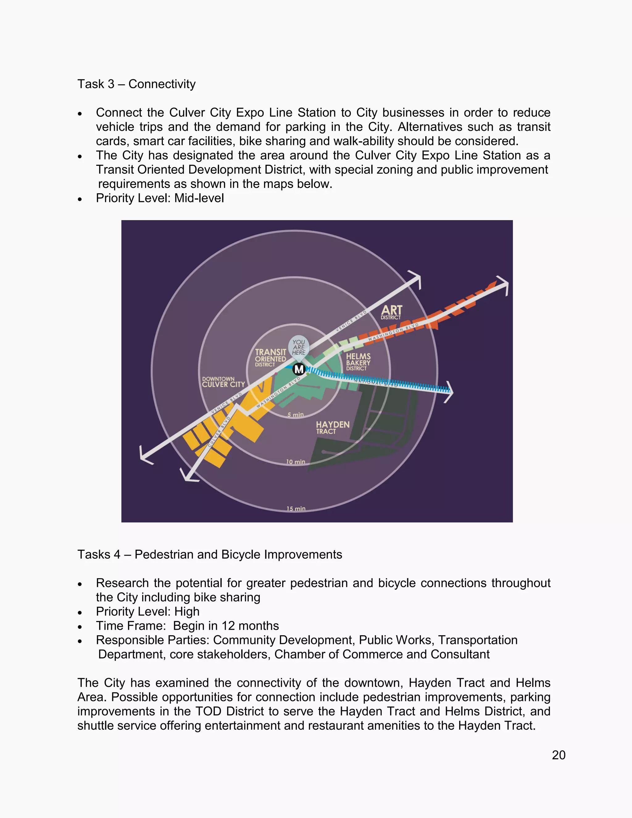 Task 3 – Connectivity
 Connect the Culver City Expo Line Station to City businesses in order to reduce
vehicle trips and the demand for parking in the City. Alternatives such as transit
cards, smart car facilities, bike sharing and walk-ability should be considered.
 The City has designated the area around the Culver City Expo Line Station as a
Transit Oriented Development District, with special zoning and public improvement
requirements as shown in the maps below.
 Priority Level: Mid-level
Tasks 4 – Pedestrian and Bicycle Improvements
 Research the potential for greater pedestrian and bicycle connections throughout
the City including bike sharing
 Priority Level: High
 Time Frame: Begin in 12 months
 Responsible Parties: Community Development, Public Works, Transportation
Department, core stakeholders, Chamber of Commerce and Consultant
The City has examined the connectivity of the downtown, Hayden Tract and Helms
Area. Possible opportunities for connection include pedestrian improvements, parking
improvements in the TOD District to serve the Hayden Tract and Helms District, and
shuttle service offering entertainment and restaurant amenities to the Hayden Tract.
20
 