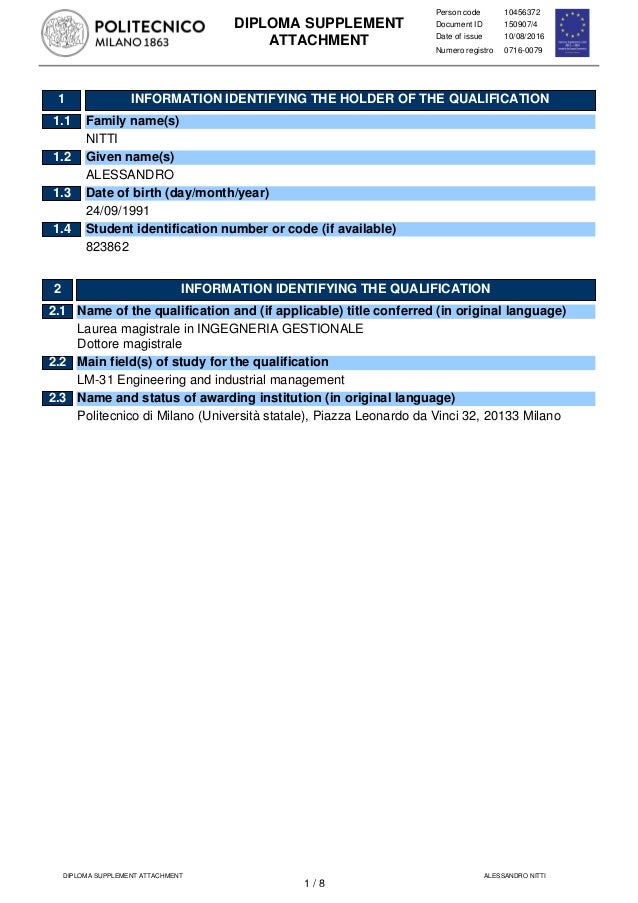 1 INFORMATION IDENTIFYING THE HOLDER OF THE QUALIFICATION
1.1 Family name(s)
NITTI
1.2 Given name(s)
ALESSANDRO
1.3 Date o...