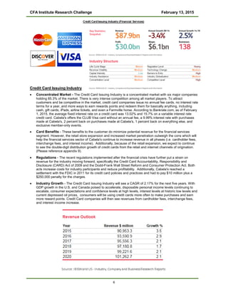 CFA Institute Research Challenge February 13, 2015
Credit Card Issuing Industry
• Concentrated Market - The Credit Card Issuing Industry is a concentrated market with six major companies
holding 85.3% of the market. There is very intense competition among all market players. To attract
customers and be competitive in the market, credit card companies issue no annual fee cards, no interest rate
terms for a year, and more ways to earn rewards points and redeem them for basically anything, including
cash, gift cards, iPads, airline tickets, and even a Farmville horse. According to Bankrate.com, as of February
1, 2015, the average fixed interest rate on a credit card was 13.02% and 15.7% on a variable interest rate
credit card. Cabela's offers the CLUB Visa card without an annual fee, a 9.99% interest rate with purchases
made at Cabela's, 2 percent back on purchases made at Cabela's, 1 percent back on everything else, and
exclusive member-only events.
• Card Benefits - These benefits to the customer do minimize potential revenue for the financial services
segment. However, the retail store expansion and increased market penetration outweigh the cons which will
help the financial services sector of Cabela's continue to increase revenue in all phases (i.e. cardholder fees,
interchange fees, and interest income). Additionally, because of the retail expansion, we expect to continue
to see the double-digit distribution growth of credit cards from the retail and internet channels of origination.
(Please reference appendix 9).
• Regulations - The recent regulations implemented after the financial crisis have further put a strain on
revenue for the industry moving forward, specifically the Credit Card Accountability, Responsibility and
Disclosure (CARD) Act of 2009 and the Dodd-Frank Wall Street Reform and Consumer Protection Act. Both
acts increase costs for industry participants and reduce profitability. Additionally, Cabela's reached a
settlement with the FDIC in 2011 for its credit card policies and practices and had to pay $10 million plus a
$250,000 penalty for the charges.
• Industry Growth - The Credit Card Issuing Industry will see a CAGR of 2.17% for the next five years. With
GDP growth in the U.S. and Canada poised to accelerate, disposable personal income levels continuing to
escalate, consumer expectations and confidence levels at high levels, interest levels at historic low levels and
current depressed oil prices, consumers will be using credit cards more often to make purchases and earn
more reward points. Credit Card companies will then see revenues from cardholder fees, interchange fees,
and interest income increase.
6
 