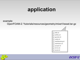 application
12
example:
OpenFOAM-2.*/tutorials/resources/geometry/mixerVessel.tar.gz
 