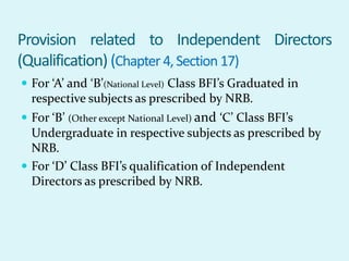 Provision related to Independent Directors
(Qualification) (Chapter4,Section17)
 For ‘A’ and ‘B’(National Level) Class BFI’s Graduated in
respective subjects as prescribed by NRB.
 For ‘B’ (Other except National Level) and ‘C’ Class BFI’s
Undergraduate in respective subjects as prescribed by
NRB.
 For ‘D’ Class BFI’s qualification of Independent
Directors as prescribed by NRB.
 