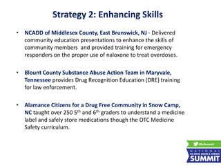 Strategy 2: Enhancing Skills
• NCADD of Middlesex County, East Brunswick, NJ - Delivered
community education presentations to enhance the skills of
community members and provided training for emergency
responders on the proper use of naloxone to treat overdoses.
• Blount County Substance Abuse Action Team in Maryvale,
Tennessee provides Drug Recognition Education (DRE) training
for law enforcement.
• Alamance Citizens for a Drug Free Community in Snow Camp,
NC taught over 250 5th and 6th graders to understand a medicine
label and safely store medications though the OTC Medicine
Safety curriculum.
 
