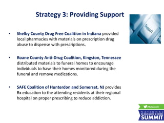 Strategy 3: Providing Support
• Shelby County Drug Free Coalition in Indiana provided
local pharmacies with materials on prescription drug
abuse to dispense with prescriptions.
• Roane County Anti-Drug Coalition, Kingston, Tennessee
distributed materials to funeral homes to encourage
individuals to have their homes monitored during the
funeral and remove medications.
• SAFE Coalition of Hunterdon and Somerset, NJ provides
Rx education to the attending residents at their regional
hospital on proper prescribing to reduce addiction.
 