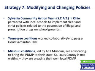 Strategy 7: Modifying and Changing Policies
• Sylvania Community Action Team (S.C.A.T.) in Ohio
partnered with local schools to implement clear and
strict policies related to the possession of illegal and
prescription drugs on school grounds.
• Tennessee coalitions worked collaboratively to pass a
Good Samaritan law.
• Missouri coalitions, led by ACT Missouri, are advocating
to bring the PDMP to their state. St. Louis County is not
waiting – they are creating their own local PDMP.
 