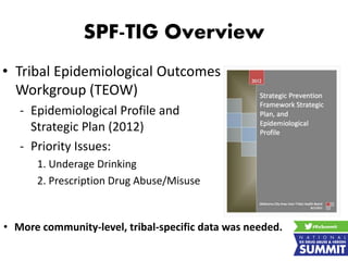 SPF-TIG Overview
• Tribal Epidemiological Outcomes
Workgroup (TEOW)
- Epidemiological Profile and
Strategic Plan (2012)
- Priority Issues:
1. Underage Drinking
2. Prescription Drug Abuse/Misuse
• More community-level, tribal-specific data was needed.
 