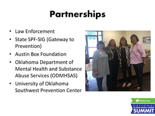 Partnerships
• Law Enforcement
• State SPF-SIG (Gateway to
Prevention)
• Austin Box Foundation
• Oklahoma Department of
Mental Health and Substance
Abuse Services (ODMHSAS)
• University of Oklahoma
Southwest Prevention Center
 