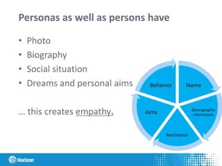 Personas as well as persons have
• Photo
• Biography
• Social situation
• Dreams and personal aims
… this creates empathy.
Name
Demographic
information
Motivation
Aims
Behavior
 