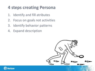 4 steps creating Persona
1. Identify and fill atributes
2. Focus on goals not activities
3. Identify behavior patterns
4. Expand description
 