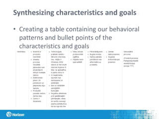 Synthesizing characteristics and goals
• Creating a table containing our behavioral
patterns and bullet points of the
characteristics and goals
 