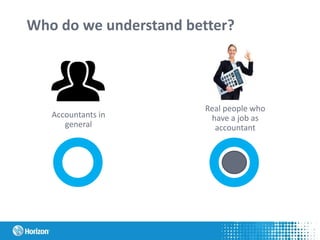 Who do we understand better?
Accountants in
general
Real people who
have a job as
accountant
 