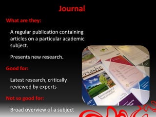 Journal
What are they:

 A regular publication containing
 articles on a particular academic
 subject.

 Presents new research.

Good for:

 Latest research, critically
 reviewed by experts

Not so good for:

 Broad overview of a subject
 