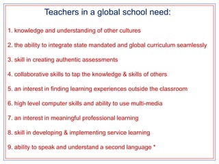 Teachers in a global school need:1. knowledge and understanding of other cultures2. the ability to integrate state mandated and global curriculum seamlessly3. skill in creating authentic assessments4. collaborative skills to tap the knowledge & skills of others5. an interest in finding learning experiences outside the classroom6. high level computer skills and ability to use multi-media7. an interest in meaningful professional learning8. skill in developing & implementing service learning9. ability to speak and understand a second language *