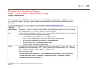 Business, Administration and Finance
Level 2 Unit 3: Business finance and accounting
Sample scheme of work


This is an example of a possible scheme of work. You can use it as it is, adjust it or extract content to create a scheme of work
to suit your delivery needs. It can also be adjusted by adding theory workshops to support learners who have/need additional
learning time.
A student’s project along with the internal assessment commentary is available at www.diplomainfo.org.uk
Total GLH            60
Delivery model       This scheme is divided into topics and linked topics with an approximate indication of the GLH. The topics may
                     then be split according to the duration of sessions and period of delivery.
Aim                  To introduce learners to the role of business finance in the survival and the success of enterprises, and discover
                     the basic financial techniques used in business. Learners will:
                           •   understand the importance of finance and accounting to business
                           •   know the main processes and key roles within business finance and accounting
                           •   be able to record and process the main types of financial transaction
                           •   be able to prepare basic financial documents and reports
                           •   understand simple financial planning techniques.
Notes                The assessment for this unit may be included as part of another unit assessment. This unit could also be co-
                     taught with Unit 1: Business enterprise, Unit 2: Business communication and administration, Unit 4: Marketing,
                     sales and customer service for business, and Unit 7: Success at work.
                     Under FS (functional skills):
                     * indicates opportunities for assessment in English of speaking and listening and/or written communication
                     + indicates opportunities for use of mathematics in analysing, interpreting and presenting information
                          indicates opportunities for assessment in ICT



Sample Scheme of Work: Business, Administration and Finance Level 2 Unit 3
Page 1 of 7
 