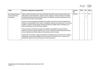 Topic                      Activities, assignments, assessments                                                                LO and   PLTS   FS   GLH
                                                                                                                               AC
5 Understand simple        Learners need to be aware of the uses of financial information and accounting records. Use          AC5a–d          *    12
financial planning         case studies to demonstrate this. Learners should consider a number of cases of successful                          +
techniques                 and failing businesses that demonstrate aspects of profitability (including operating at a loss),
                           solvency and the value of the business.

                           Learners must use examples of forecasts and budgets (cash flow and income statements) to
                           develop an understanding of their value in managing a business and preventing or overcoming
                           problems. Learners should prepare revised forecasts and budgets where businesses use a
                           range of techniques to improve financial viability.

                           Learners should consider case studies of businesses using different sources of finance.
                           Learners could use a ‘graphic organiser’ (as in LO1) to analyse the case studies and derive a
                           record of benefits and shortcomings of each potential source of finance.

                           Learners should consider a range of examples of businesses requiring finance and, working in
                           pairs/groups, make recommendations as to which source of finance to use. Learners must
                           present their ideas to the rest of the group for further discussion.




Sample Scheme of Work: Business, Administration and Finance Level 2 Unit 3
Page 6 of 7
 