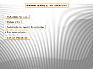 Plano de motivação dos cooperados



 Participação nos lucros

 O clube online

 Participação dos eventos da cooperativa

 Reuniões e palestras

 Cursos e Treinamentos
 