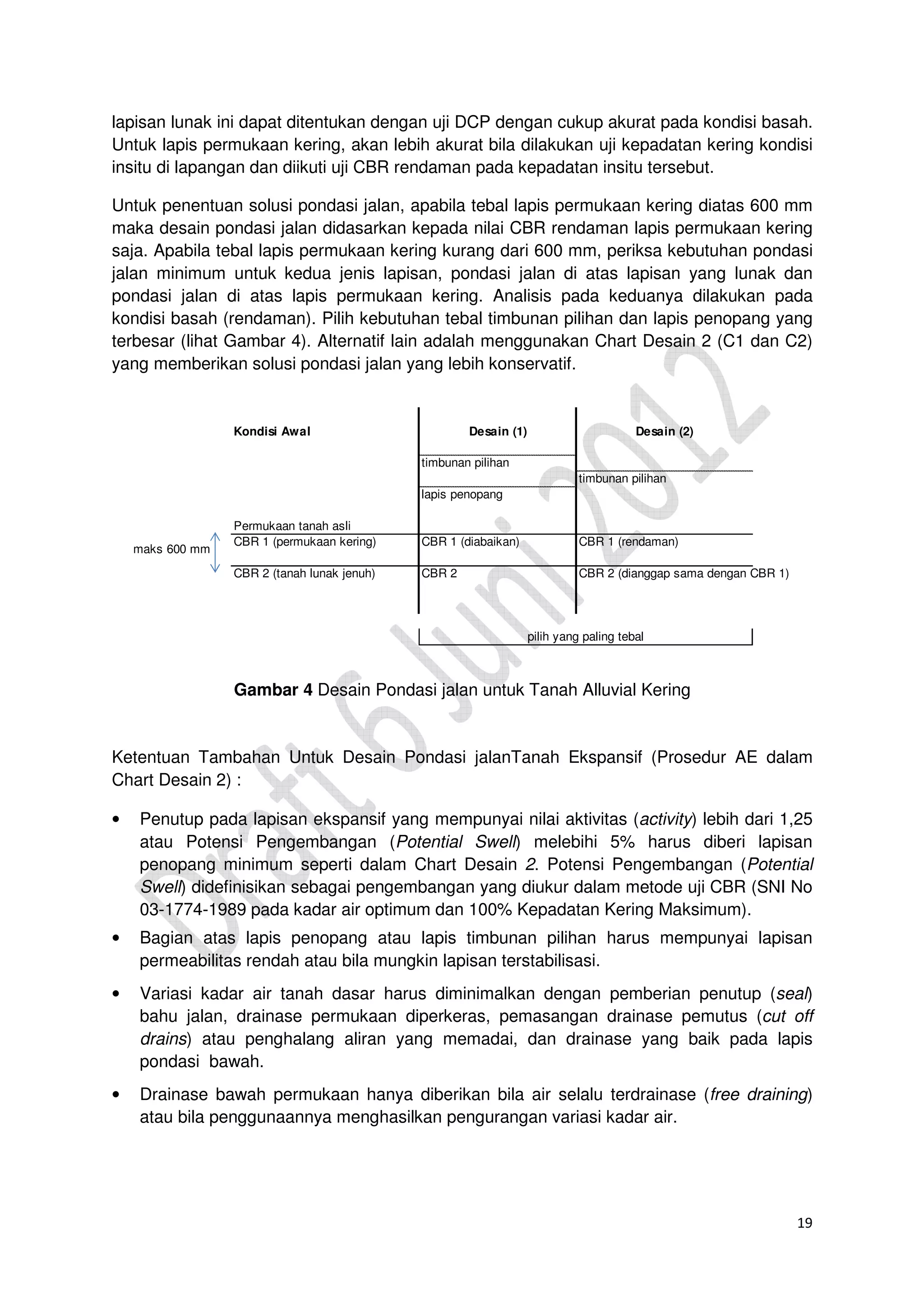 19
lapisan lunak ini dapat ditentukan dengan uji DCP dengan cukup akurat pada kondisi basah.
Untuk lapis permukaan kering, akan lebih akurat bila dilakukan uji kepadatan kering kondisi
insitu di lapangan dan diikuti uji CBR rendaman pada kepadatan insitu tersebut.
Untuk penentuan solusi pondasi jalan, apabila tebal lapis permukaan kering diatas 600 mm
maka desain pondasi jalan didasarkan kepada nilai CBR rendaman lapis permukaan kering
saja. Apabila tebal lapis permukaan kering kurang dari 600 mm, periksa kebutuhan pondasi
jalan minimum untuk kedua jenis lapisan, pondasi jalan di atas lapisan yang lunak dan
pondasi jalan di atas lapis permukaan kering. Analisis pada keduanya dilakukan pada
kondisi basah (rendaman). Pilih kebutuhan tebal timbunan pilihan dan lapis penopang yang
terbesar (lihat Gambar 4). Alternatif lain adalah menggunakan Chart Desain 2 (C1 dan C2)
yang memberikan solusi pondasi jalan yang lebih konservatif.
Kondisi Awal Desain (1) Desain (2)
timbunan pilihan
timbunan pilihan
lapis penopang
Permukaan tanah asli
CBR 1 (permukaan kering) CBR 1 (diabaikan) CBR 1 (rendaman)
CBR 2 (tanah lunak jenuh) CBR 2 CBR 2 (dianggap sama dengan CBR 1)
pilih yang paling tebal
maks 600 mm
Gambar 4 Desain Pondasi jalan untuk Tanah Alluvial Kering
Ketentuan Tambahan Untuk Desain Pondasi jalanTanah Ekspansif (Prosedur AE dalam
Chart Desain 2) :
• Penutup pada lapisan ekspansif yang mempunyai nilai aktivitas (activity) lebih dari 1,25
atau Potensi Pengembangan (Potential Swell) melebihi 5% harus diberi lapisan
penopang minimum seperti dalam Chart Desain 2. Potensi Pengembangan (Potential
Swell) didefinisikan sebagai pengembangan yang diukur dalam metode uji CBR (SNI No
03-1774-1989 pada kadar air optimum dan 100% Kepadatan Kering Maksimum).
• Bagian atas lapis penopang atau lapis timbunan pilihan harus mempunyai lapisan
permeabilitas rendah atau bila mungkin lapisan terstabilisasi.
• Variasi kadar air tanah dasar harus diminimalkan dengan pemberian penutup (seal)
bahu jalan, drainase permukaan diperkeras, pemasangan drainase pemutus (cut off
drains) atau penghalang aliran yang memadai, dan drainase yang baik pada lapis
pondasi bawah.
• Drainase bawah permukaan hanya diberikan bila air selalu terdrainase (free draining)
atau bila penggunaannya menghasilkan pengurangan variasi kadar air.
 