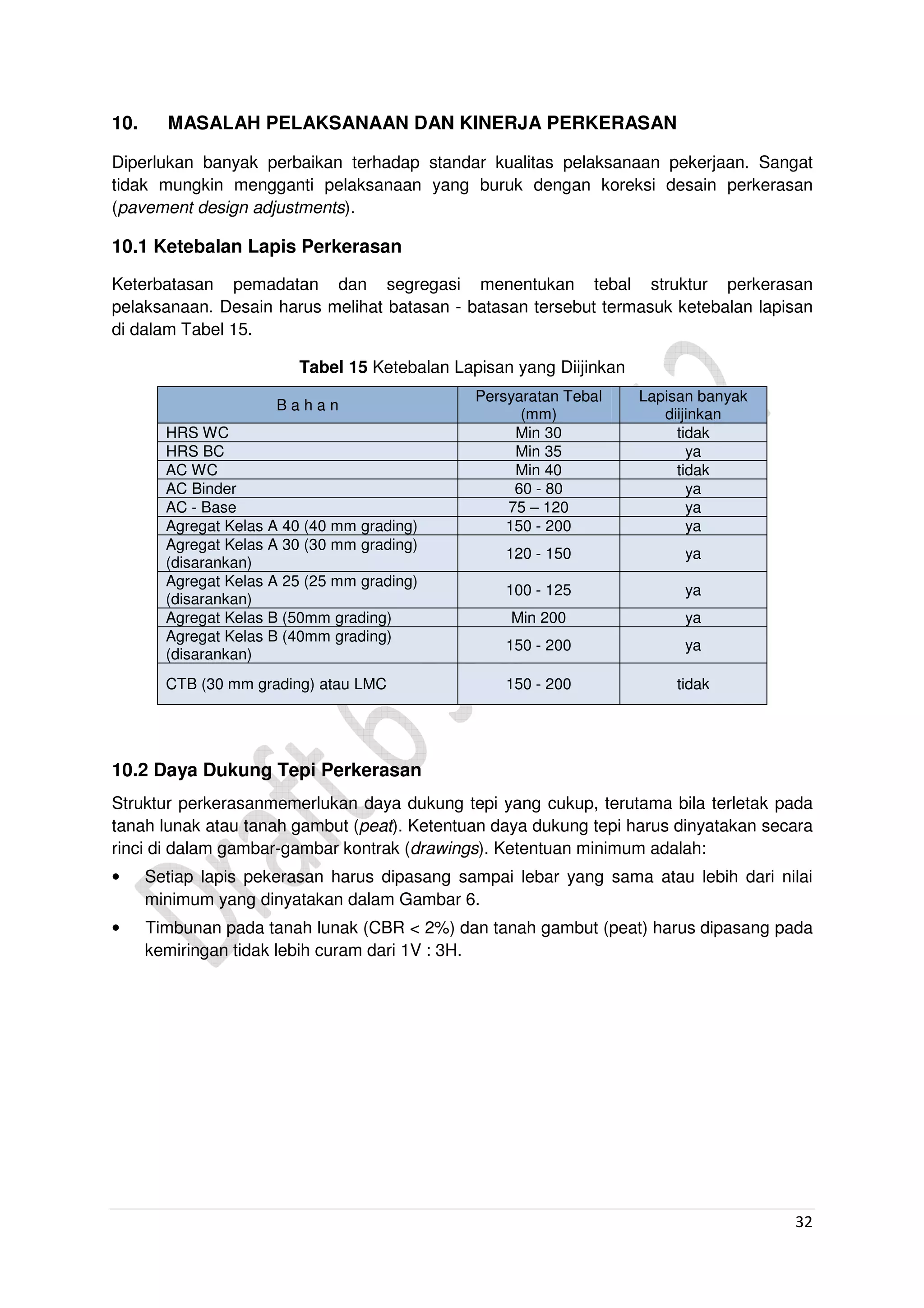 32
10. MASALAH PELAKSANAAN DAN KINERJA PERKERASAN
Diperlukan banyak perbaikan terhadap standar kualitas pelaksanaan pekerjaan. Sangat
tidak mungkin mengganti pelaksanaan yang buruk dengan koreksi desain perkerasan
(pavement design adjustments).
10.1 Ketebalan Lapis Perkerasan
Keterbatasan pemadatan dan segregasi menentukan tebal struktur perkerasan
pelaksanaan. Desain harus melihat batasan - batasan tersebut termasuk ketebalan lapisan
di dalam Tabel 15.
Tabel 15 Ketebalan Lapisan yang Diijinkan
B a h a n
Persyaratan Tebal
(mm)
Lapisan banyak
diijinkan
HRS WC Min 30 tidak
HRS BC Min 35 ya
AC WC Min 40 tidak
AC Binder 60 - 80 ya
AC - Base 75 – 120 ya
Agregat Kelas A 40 (40 mm grading) 150 - 200 ya
Agregat Kelas A 30 (30 mm grading)
(disarankan)
120 - 150 ya
Agregat Kelas A 25 (25 mm grading)
(disarankan)
100 - 125 ya
Agregat Kelas B (50mm grading) Min 200 ya
Agregat Kelas B (40mm grading)
(disarankan)
150 - 200 ya
CTB (30 mm grading) atau LMC 150 - 200 tidak
10.2 Daya Dukung Tepi Perkerasan
Struktur perkerasanmemerlukan daya dukung tepi yang cukup, terutama bila terletak pada
tanah lunak atau tanah gambut (peat). Ketentuan daya dukung tepi harus dinyatakan secara
rinci di dalam gambar-gambar kontrak (drawings). Ketentuan minimum adalah:
• Setiap lapis pekerasan harus dipasang sampai lebar yang sama atau lebih dari nilai
minimum yang dinyatakan dalam Gambar 6.
• Timbunan pada tanah lunak (CBR < 2%) dan tanah gambut (peat) harus dipasang pada
kemiringan tidak lebih curam dari 1V : 3H.
 