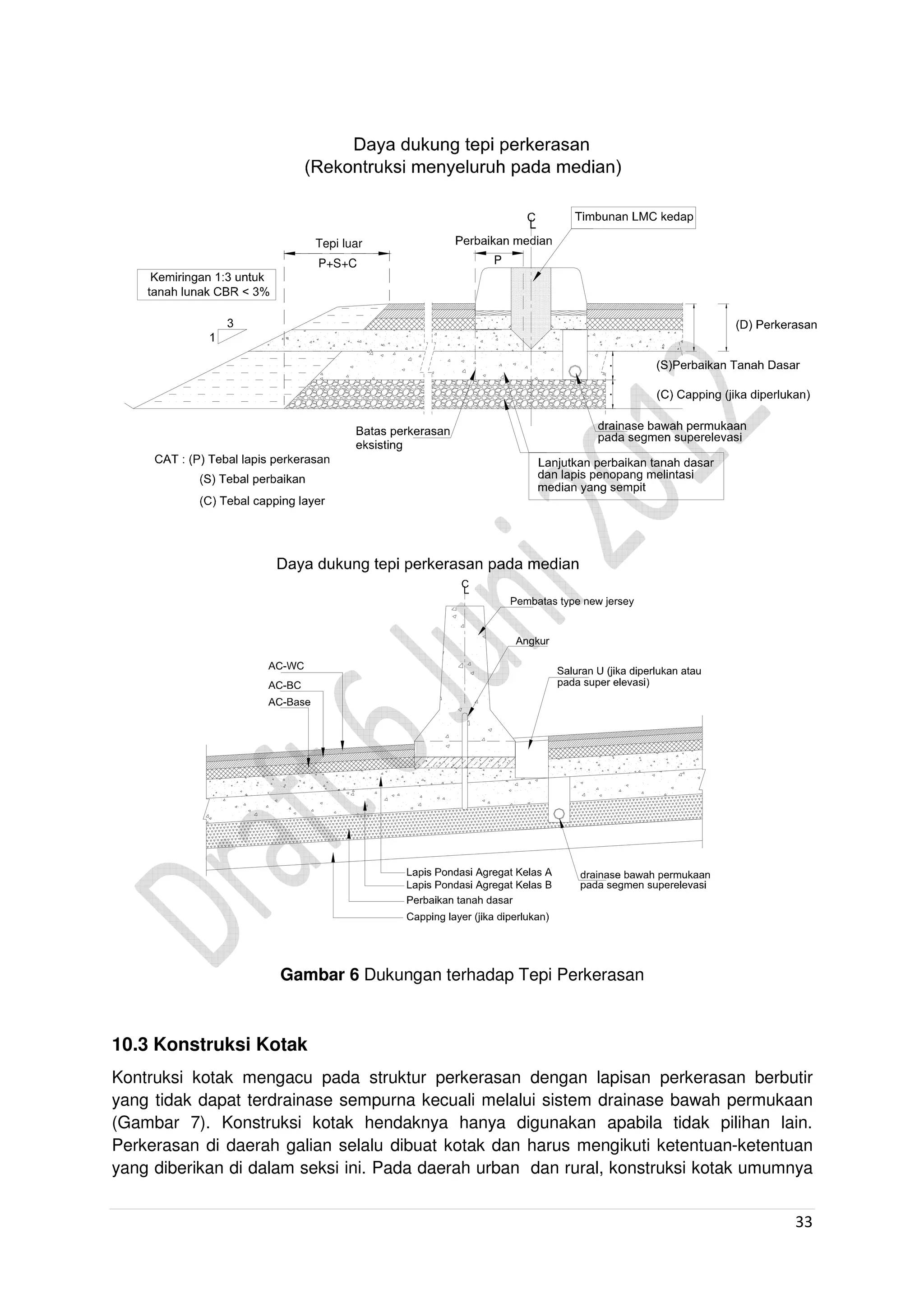 33
P
Tepi luar
P+S+C
..
Gambar 6 Dukungan terhadap Tepi Perkerasan
10.3 Konstruksi Kotak
Kontruksi kotak mengacu pada struktur perkerasan dengan lapisan perkerasan berbutir
yang tidak dapat terdrainase sempurna kecuali melalui sistem drainase bawah permukaan
(Gambar 7). Konstruksi kotak hendaknya hanya digunakan apabila tidak pilihan lain.
Perkerasan di daerah galian selalu dibuat kotak dan harus mengikuti ketentuan-ketentuan
yang diberikan di dalam seksi ini. Pada daerah urban dan rural, konstruksi kotak umumnya
 