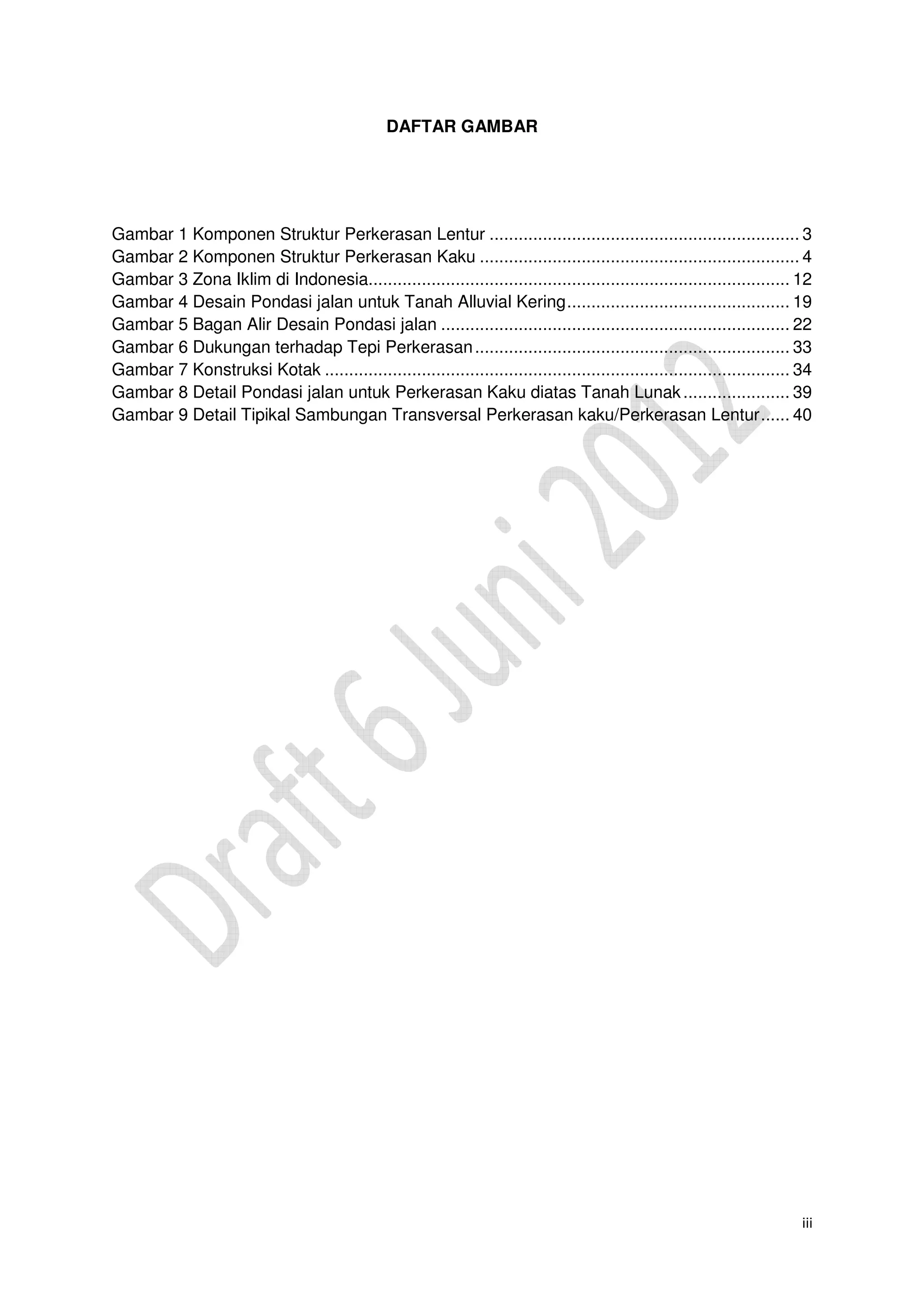 iii
DAFTAR GAMBAR
Gambar 1 Komponen Struktur Perkerasan Lentur ................................................................ 3
Gambar 2 Komponen Struktur Perkerasan Kaku .................................................................. 4
Gambar 3 Zona Iklim di Indonesia....................................................................................... 12
Gambar 4 Desain Pondasi jalan untuk Tanah Alluvial Kering.............................................. 19
Gambar 5 Bagan Alir Desain Pondasi jalan ........................................................................ 22
Gambar 6 Dukungan terhadap Tepi Perkerasan................................................................. 33
Gambar 7 Konstruksi Kotak ................................................................................................ 34
Gambar 8 Detail Pondasi jalan untuk Perkerasan Kaku diatas Tanah Lunak...................... 39
Gambar 9 Detail Tipikal Sambungan Transversal Perkerasan kaku/Perkerasan Lentur...... 40
 