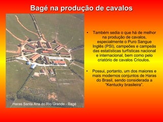 Bagé na produção de cavalos Também sedia o que há de melhor na produção de cavalos, especialmente o Puro Sangue Inglês (PSI), campeões e campeãs das estatísticas turfísticas nacional e internacional, bem como pelo criatório de cavalos Crioulos.  Possui, portanto, um dos maiores e mais modernos conjuntos de Haras do Brasil, sendo considerada a “Kentucky brasileira”. Haras Santa Ana do Rio Grande - Bagé 