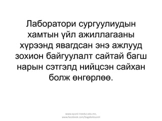 Лаборатори сургуулиудын
хамтын үйл ажиллагааны
хүрээнд явагдсан энэ ажлууд
зохион байгуулалт сайтай багш
нарын сэтгэлд нийцсэн сайхан
болж өнгөрлөө.

www.oyunii-ireedui.edu.mn,
www.facebook.com/bagabolovsrol

 