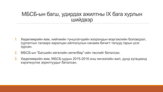 МБСБ-ын багш, удирдах ажилтны IX бага хурлын
шийдвэр
1. Хөдөлмөрийн яам, нийгмийн түншлэгчдийн хоорондын мэргэжлийн боловсрол,
сургалтын талаарх харилцан ойлголцлын санамж бичигт талууд гарын үсэг
зурсан.
2. МБСБ-ын “Багшийн хөгжлийн хөтөлбөр”-ийн төслийг баталсан.
3. Хөдөлмөрийн яам, МБСБ-уудын 2015-2016 оны хичээлийн жил, дунд хугацаанд
хэрэгжүүлэх зорилтуудыг баталсан.
 