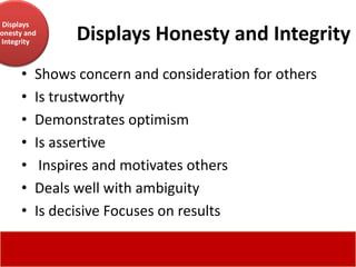 Displays
onesty and
Integrity      Displays Honesty and Integrity
     •   Shows concern and consideration for others
     •   Is trustworthy
     •   Demonstrates optimism
     •   Is assertive
     •    Inspires and motivates others
     •   Deals well with ambiguity
     •   Is decisive Focuses on results
 