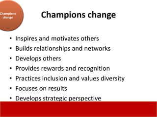 Champions
  change          Champions change

     •   Inspires and motivates others
     •   Builds relationships and networks
     •   Develops others
     •   Provides rewards and recognition
     •   Practices inclusion and values diversity
     •   Focuses on results
     •   Develops strategic perspective
 