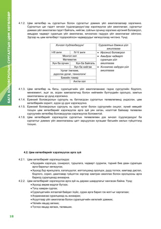 18
БАГАБОЛОВСРОЛЫНСУРГАЛТЫНЦӨМХӨТӨЛБӨР
4.1.2. Цөм хөтөлбөр нь сургалтын болон сургалтыг дэмжих үйл ажиллагаагаар хэрэгжинэ.
Сургалтын цаг гэдэгт хичээл /судлагдахуун/-ээр хэрэгжүүлэх үйл ажиллагааг, сургалтыг
дэмжих үйл ажиллагаа гэдэгт байгаль, нийгэм, соёлын орчинд хэрэгжих иргэний боловсрол,
амьдрах чадварт суралцах үйл ажиллагаа, хичээлээс гадуурх үйл ажиллагааг ойлгоно.
Эдгээр нь цөм хөтөлбөрт тодорхойлсон чадваруудыг хөгжүүлэхэд чиглэнэ. Үүнд:
4.1.3. Цөм хөтөлбөр нь багш, суралцагчийн үйл ажиллагаанаас гадна сургуулийн бодлого,
менежмент, эцэг эх, асран хамгаалагчид болон нийгмийн бүлгүүдийн оролцоо, хамтын
ажиллагааны үр дүнд хэрэгжинэ.
4.1.4. Ерөнхий боловсролын сургууль нь батлагдсан сургалтын төлөвлөгөөнд үндэслэн, цөм
хөтөлбөрийн зорилт, хүрэх үр дүнг хэрэгжүүлнэ.
4.1.5. Ерөнхий боловсролын сургууль нь орон нутаг болон сургуулийн онцлог, хүний нөөцийг
тооцон цөм хөтөлбөрийг хэрэгжүүлэх арга зүй уян хатан, нээлттэй байхаар төлөвлөн
сургуулийн хөтөлбөр боловсруулан хэрэгжүүлэх боломжтой.
4.1.6. Цөм хөтөлбөрийг хэрэгжүүлэх сургалтын төлөвлөгөөн дэх хичээл /судлагдахуун/ ба
сургалтыг дэмжих үйл ажиллагааны цагт зарцуулсан хугацааг багшийн ажлын гүйцэтгэлд
тооцно.
4.2. Цөм хөтөлбөрийг хэрэгжүүлэх арга зүй
4.2.1. Цөм хөтөлбөрийг хэрэгжүүлэхдээ:
 Хүүхдийн хэрэгцээ, сонирхол, туршлага, чадварт суурилж, тэдний бие даан суралцах
арга барилыг хөгжүүлэх;
 Хүүхэд бүр ярилцлага, хэлэлцүүлэг, мэтгэлцээнд оролцох, дүрд тоглох, хамтаар дасгал,
бодлого, сорил, даалгавар гүйцэтгэх зэргээр хамтран ажиллах болон оролцооны арга
барилд суралцахад анхаарна.
4.2.2. Цөм хөтөлбөрийг хэрэгжүүлэх арга зүй нь дараах шаардлагыг хангасан байна. Үүнд:
 Хүүхэд өөрөө мэдлэг бүтээх;
 Тэгш хамран сургах;
 Суралцагчийн ялгаатай байдал /хүйс, сурах арга барил гэх мэт/-ыг харгалзах;
 Алдаанаасаа суралцахад нь анхаарах;
 Асуултаар үйл ажиллагаа болон суралцагчийн хөгжлийг дэмжих;
 Үйлийн явцад хөгжих;
 Тоглох явцад хөгжих, төлөвших.
Хичээл /судлагдахуун/ Сургалтыг дэмжих үйл
ажиллагаа
I-III анги IV-V анги  Иргэний боловсрол
 Амьдрах чадварт
суралцах үйл
ажиллагаа
 Хичээлээс гадуурх үйл
ажиллагаа
Монгол хэл
Математик
Хүн ба орчин Хүн ба байгаль
Хүн ба нийгэм
Урлаг /хөгжим,
дүрслэх урлаг, технологи/
Биеийн тамир
Англи хэл
 