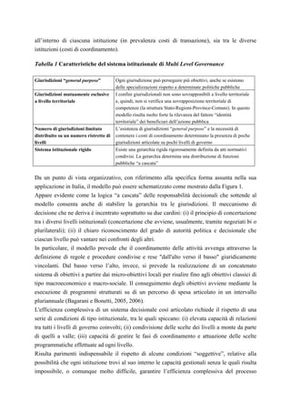 all’interno di ciascuna istituzione (in prevalenza costi di transazione), sia tra le diverse
istituzioni (costi di coordinamento).

Tabella 1 Caratteristiche del sistema istituzionale di Multi Level Governance

Giurisdizioni “general purpose”         Ogni giurisdizione può perseguire più obiettivi, anche se esistono
                                        delle specializzazioni rispetto a determinate politiche pubbliche
Giurisdizioni mutuamente esclusive      I confini giurisdizionali non sono sovrapponibili a livello territoriale
a livello territoriale                  e, quindi, non si verifica una sovrapposizione territoriale di
                                        competenze (la struttura Stato-Regioni-Province-Comuni). In questo
                                        modello risulta molto forte la rilevanza del fattore “identità
                                        territoriale” dei beneficiari dell’azione pubblica
Numero di giurisdizioni limitato        L’esistenza di giurisdizioni “general purpose” e la necessità di
distribuito su un numero ristretto di   contenere i costi di coordinamento determinano la presenza di poche
livelli                                 giurisdizioni articolate su pochi livelli di governo
Sistema istituzionale rigido            Esiste una gerarchia rigida rigorosamente definita da atti normativi
                                        condivisi. La gerarchia determina una distribuzione di funzioni
                                        pubbliche “a cascata”


Da un punto di vista organizzativo, con riferimento alla specifica forma assunta nella sua
applicazione in Italia, il modello può essere schematizzato come mostrato dalla Figura 1.
Appare evidente come la logica “a cascata” delle responsabilità decisionali che sottende al
modello consenta anche di stabilire la gerarchia tra le giurisdizioni. Il meccanismo di
decisione che ne deriva è incentrato soprattutto su due cardini: (i) il principio di concertazione
tra i diversi livelli istituzionali (concertazione che avviene, usualmente, tramite negoziati bi o
plurilaterali); (ii) il chiaro riconoscimento del grado di autorità politica e decisionale che
ciascun livello può vantare nei confronti degli altri.
In particolare, il modello prevede che il coordinamento delle attività avvenga attraverso la
definizione di regole e procedure condivise e rese "dall'alto verso il basso" giuridicamente
vincolanti. Dal basso verso l’alto, invece, si prevede la realizzazione di un concatenato
sistema di obiettivi a partire dai micro-obiettivi locali per risalire fino agli obiettivi classici di
tipo macroeconomico e macro-sociale. Il conseguimento degli obiettivi avviene mediante la
esecuzione di programmi strutturati su di un percorso di spesa articolato in un intervallo
pluriannuale (Bagarani e Bonetti, 2005, 2006).
L'efficienza complessiva di un sistema decisionale così articolato richiede il rispetto di una
serie di condizioni di tipo istituzionale, tra le quali spiccano: (i) elevata capacità di relazioni
tra tutti i livelli di governo coinvolti; (ii) condivisione delle scelte dei livelli a monte da parte
di quelli a valle; (iii) capacità di gestire le fasi di coordinamento e attuazione delle scelte
programmatiche effettuate ad ogni livello.
Risulta parimenti indispensabile il rispetto di alcune condizioni “soggettive”, relative alla
possibilità che ogni istituzione trovi al suo interno le capacità gestionali senza le quali risulta
impossibile, o comunque molto difficile, garantire l’efficienza complessiva del processo
 