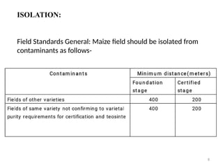 8
ISOLATION:
Field Standards General: Maize field should be isolated from
contaminants as follows-
 