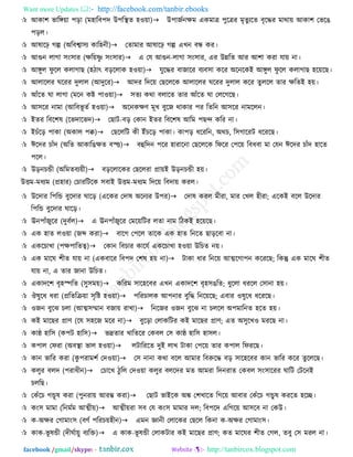 Want more Updates  http://facebook.com/tanbir.ebooks
facebook /gmail/skype: - http://tanbircox.blogspot.com
 আকা঱ বারিয়া ঩ড়া (ভ঴ারফ঩দ উ঩রিে ঴ওয়া)উ঩াজথনক্ষভ একভাত্র ঩ুরত্রয ভৃেুযরে ফৃরদ্ধয ভাথায় আকা঱ তবরঙ
঩ড়র।
 আলারে গল্প (অরফশ্বা঳য কার঴নী)তোভায আলারে গল্প এখন ফে কয।
 আগুন রাগা ঳ং঳ায (ক্ষরয়ষ্ণু ঳ং঳ায)এ তম আগুন-রাগা ঳ং঳ায, এয উন্নরে আয আ঱া কযা মায় না।
 আিুর পু রর করাগাছ (঴িাৎ ফড়ররাক ঴ওয়া)মুরদ্ধয ফাজারয ফযফ঳া করয অরনরকই আিুর পু রর করাগাছ ঴রয়রছ।
 আরাররয ঘরযয দুরার (আদুরয)আদয রদরয় তছরররক আরাররয ঘরযয দুরার করয েুররর োয ক্ষরেই ঴য়।
 আাঁরে ঘা রাগা (ভরন কি ঩াওয়া)঳েয কথা ফরারে োয আাঁরে ঘা তররগরছ।
 আ঳রয নাভা (আরফবূ েথ ঴ওয়া)অরনকক্ষণ ভূখ ফুরজ থাকায ঩য রেরন আ঳রয নাভররন।
 ইেয রফর঱ল (রবদারবদ)তছাি-ফড় তকান ইেয রফর঱ল আরভ ঩ছন্দ করয না।
 ইচাঁরড় ঩াকা (অকার ঩ক্ব)তছরররি কী ইাঁচরড় ঩াকা। কা঩ড় ধরযরন, অথচ, র঳গারযি ধরযরছ।
 ঈরদয চাাঁদ (অরে আকারঙক্ষে ফস্ত্ত)ফহুরদন ঩রয ঴াযারনা তছরররক রপরয ত঩রয় রফধফা ভা তমন ঈরদয চাাঁদ ঴ারে
঩রর।
 উড়নচন্ডী (অরভেফযয়ী)ফড়ররারকয তছররযা প্রায়ই উড়নচন্ডী ঴য়।
উতভ-ভধযভ (প্র঴ায) তচাযরিরক ঳ফাই উতভ-ভধযভ রদরয় রফদায় কযর।
 উরদায র঩রন্ড ফুরদায ঘারড় (এরকয তদাল অরনযয উ঩য)তদাল কযর ভীযা, ভায তখর ঴ীযা; এরকই ফরর উরদায
র঩রন্ড ফুরদায ঘারড়।
 ঊন঩াাঁজুরয (দুফথর)এ ঊন঩াাঁজুরয তভরয়রিয রো নাভ রিকই ঴রয়রছ।
 এক ঴াে রওয়া (জব্দ কযা)ফারগ ত঩রর োরক এক ঴াে রনরে ছাড়রফা না।
 একরচাখা (঩ক্ষ঩ারেত্ব)তকান রফচায কারমথ একরচাখা ঴ওয়া উরচে নয়।
 এক ভারঘ ঱ীে মায় না (একফারয রফ঩দ ত঱ল ঴য় না)িাকা ধায রনরয় আত্মরগা঩ন করযরছ; রকন্তু এক ভারঘ ঱ীে
মায় না, এ োয জানা উরচে।
 একাদর঱ ফৃ঴স্পরে (঳ু঳ভয়)করযভ ঳ার঴রফয এখন একাদর঱ ফৃ঴঳ঙরে; ধুররা ধযরর ত঳ানা ঴য়।
 ঔলুরধ ধযা (প্ররেরক্রয়া ঳ৃরি ঴ওয়া)঩রযচারক আ঩নায ফুরদ্ধ রনরয়রছ; এফায ওলুরধ ধরযরছ।
 ওজন ফুরঝ চরা (আত্ম঳ম্মান ফজায় যাখা)রনরজয ওজন ফুরঝ না চররর অ঩ভারনে ঴রে ঴য়।
 কই ভারছয প্রাণ (রম ঳঴রজ ভরয না)ফুরড়া তরাকরিয কই ভারছয প্রাণ; এে অ঳ুরখও ভযরছ না।
 কাষ্ঠ ঴ার঳ (ক঩ি ঴ার঳)বদ্রোয খারেরয তকফর ত঳ কাষ্ঠ ঴ার঳ ঴া঳র।
 ক঩ার তপযা (অফিা বার ঴ওয়া) রিারযরে দুই রাখ িাকা ত঩রয় োয ক঩ার রপযরছ।
 কান বারয কযা (কু ঩যাভ঱থ তদওয়া)ত঳ নানা কথা ফরর আভায রফরুরদ্ধ ফড় ঳ার঴রফয কান বারয করয েুরররছ।
 করুয ফরদ (঩যাধীন)তচারখ িুরর তদওয়া করুয ফররদয ভে আভযা রদনযাে তকফর ঳ং঳ারযয ঘারি তিরনই
চররছ।
 তকাঁরচ গন্ডূল কযা (঩ুনযায় আযম্ভ কযা) তছাি বাইরক অঙ্ক ত঱খারে রগরয় আফায তকাঁরচ গন্ডুল কযরে ঴রে।
 কং঳ ভাভা (রনভথভ আত্মীয়)আত্মীয়যা ঳ফ তম কং঳ ভাভায দর; রফ঩রদ এরগরয় আ঳রফ না তকউ।
 ক-অক্ষয তগাভাং঳ (ফণথ ঩রযচয়঴ীন)এভন জ্ঞানী তরারকয তছরর রকনা ক-অক্ষয তগাভাং঳।
 কাক-বূ লন্ডী (দীঘথায়ু ফযরি)এ কাক-বূ লন্ডী তরাকিায কই ভারছয প্রাণ; কে ভারঘয ঱ীে তগর, েফু ত঳ ভযর না।
 