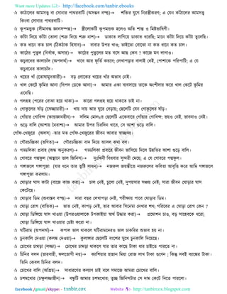 Want more Updates  http://facebook.com/tanbir.ebooks
facebook /gmail/skype: - http://tanbircox.blogspot.com
 কািাররয আভ঳ত্ত্ব ফা ত঳ানায ঩াথযফারি (অ঳ম্ভফ ফস্ত্ত) ঱রিয মুরগ রনযস্ত্রীকযণ; এ তমন কাাঁিাররয আভ঳ত্ত্ব
রকংফা ত঳ানায ঩াথযফারি।
 কূ ঩ভন্ডুক (঳ীভাফদ্ধ জ্ঞান঳ম্পন্ন)স্ত্রীররাকরি কূ ঩ভন্ডক ঴ররও অরে ঱ান্ত ও রভিবারলণী।
 কাাঁিা রদরয় কাাঁিা তোরা (঱ত্রু রদরয় ঱ত্রু না঱)ডাকাে রারগরয় ডাকাে ধরযরছ; ভারন কাাঁিা রদরয় কাাঁিা েুরররছ।
 কে ধারন কে চার (রিকিাক র঴঳াফ)ফাফায উ঩য খাও; োইরো তফারঝা না কে ধারন কে চার।
 কারিয ঩ুেুর (রনফথাক, অ঳ায)কারিয ঩ুেুররয ভে ফর঳ আছ তকন ? কারজ ভন রাগাও।
 কচুফরনয কারাচাাঁদ (অ঩দাথথ)খারফ আয পূ রেথ কযরফ; তরখা঩ড়ায ফারাই তনই, ত঩া঱ারক ঩রয঩ারি; এ তম
কচুফরনয কারাচাাঁদ।
 খরয়য খাাঁ (রোলাভুদকাযী)ফড় তরারকয খরয়য খাাঁয অবাফ তনই।
 খার তকরি কু রভয আনা (রফ঩দ তডরক আনা)আভায একা ফযফ঳ারয় োরক অং঱ীদায করয খার তকরি কু রভয
এরনরছ।
 গরগ্র঴ (঩রযয তফাঝা ঴রয় থাকা)কারযা গরগ্র঴ ঴রয় থাকরে চাই না।
 তগাকু ররয লাাঁড় (রেোচাযী)খায় দায় আয ঘুরয তফড়ায়; তছরররি তমন তগাকু ররয লাাঁড়।
 তগাাঁয়ায তগারফন্দ (কান্ডজ্ঞান঴ীন)঳ররভ তভারvয তছরররি এরকফারয তগাাঁয়ায তগারফন্দ; বয়ও তনই, বাফনাও তনই।
 গুরড় ফারর (আ঱ায় চনযা঱য)আভায উ঩য রচযরদন খারফ, ত঳ আ঱া গুরড় ফারর।
তগাাঁপ-তখজুরয (অর঳) -োয ভে তগাাঁপ-তখজুরযয জীফন আফায োেন্দয।
 তগৌযচরন্দ্রকা (বরণো)তগৌযচরন্দ্রকা ফাদ রদরয় আ঳র কথা ফর।
 গড্ডররকা প্রফা঴ (অে অনুকযণ) গড্ডররকা প্রফার঴ জীফন বার঳রয় রদরর উন্নরেয আ঱া গুরড় ফারর।
 তগাফরয ঩দ্মপু র (অিারন বার রজরন঳) দুুঃরখনী রফধফায ঳ুন্দযী তভরয়; এ তম তগাফরয ঩দ্মপু র।
 গিাজরর গিা঩ূজা (মায ধরন োয েুরি ঳াধন)নজরুর জয়ন্তীরে নজরুররয করফো আফৃরত করয আরভ গিাজরর
গিা঩ূজা কযরাভ।
 তঘাড়ায ঘা঳ কািা (ফারজ কাজ কযা)চার তনই, চুররা তনই, দু঩য়঳ায ঳ঞ্চয় তনই; ঳াযা জীফন তঘাড়ায ঘা঳
তকরিরছ।
 তঘাড়ায রডভ (অফাস্ত্ফ ফস্ত্ত)঳াযা ফছয তরখা঩ড়া তনই, ঩যীক্ষায় ঩ারফ তঘাড়ায রডভ।
 তঘাড়া তযাগ (ফারেক)বাে তনই, কা঩ড় তনই, োয আফায র঳রনভা তদখায ঱খ; গরযরফয এ তঘাড়া তযাগ তকন ?
 তঘাড়া রডরিরয় ঘা঳ খাওয়া (উ঩যওয়ারারক ি঩কাইয়া োথথ উদ্ধায কযা) প্ররভা঱ন চাও, ফড় ঳ার঴ফরক ধরযা;
তঘাড়া রডরিরয় ঘা঳ খাওয়ায তচিা করযা না।
 ঘরিযাভ (অ঩দাথথ) ক঩ার বার থাকরর ঘরিযাভরদযও বার চাকরযয অবাফ ঴য় না।
 চুনকারর তদওয়া (করঙ্ক তদওয়া)কু রািায তছরররি ফংর঱য ভুরখ চুনকারর রদরয়রছ।
 তচারখয চাভড়া (রজ্জা)তচারখয চাভড়া থাকরর মায োয কারছ িাকা ধায চাইরে ঩াযরে না।
 রচরনয ফরদ (বাযফা঴ী, পররবাগী নয়)কযার঱য়ায ঴ান্নান রভয়া তযাজ রাখ িাকা গুরণন ; রকন্তু ঳ফই ফযারঙ্কয িাকা।
রেরন তকফর রচরনয ফরদ।
 তচারখয ফারর (অরপ্রয়)঳াধাযরণয করযাণ চাই ফরর ঳ভারজ আভযা তচারখয ফারর।
 চ঱ভরখায (চক্ষু রজ্জা঴ীন)ফেু রি আভায চ঱ভরখায; েুে রজরন঳িায ত঳ দাভ তকরি রনরে ঩াযররা।
 