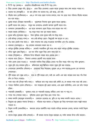 Want more Updates  http://facebook.com/tanbir.ebooks
facebook /gmail/skype: - http://tanbircox.blogspot.com
 রি রি ঩ড়া (করঙ্ক)তভরয়িায চরযত্র঴ীনোয় ঳ফথত্র রি রি ঩রড় তগর।
 রিরভ তেোরা (ভন্থয গরে, কু াঁরড়)এভন রিরভ তেোরায় এগুরর আরযা দুফছরয কাজ ত঱ল কযরে ঩াযরফ না।
 োর঳য ঘয (ক্ষণিায়ী)ধন জন তমৌফন ঳ফ োর঳য ঘয; এই আরছ, এই নাই।
 েীরথথয কাক (প্রেীক্ষাযে)এভ,এ ঩া঱ করয তছরর ঳ং঳ায চারারফ; োয ঩থ তচরয় ঳াযা ঩রযফায েীরথথয কারকয
ভে ফর঳ আরছ।
 েুরলয আগুন (রনযন্তয দ঴নকাযী)঩ুত্রর঱ারক রফধফায ফুরক েুরলয আগুন জ্বররছ।
 েুর঳ী ফরনয ফাঘ (বন্ড)঳াধুয ভে তদখাররও তরাকিা আ঳রর েুর঳ী ফরনয ফাঘ।
 োরকানা (কান্ডজ্ঞান঴ীন)ওয ভরো োরকানা তছরর রনরয়ও ফাফা-ভারয়য কে গফথ।
 দ঴যভ ভ঴যভ (ঘরনষ্ঠো) ফড় ফাফুয ঳ারথ োয খুফ দ঴যভ ভ঴যভ।
 দুরধয ভারছ (঳ু঳ভরয়য ফেু )িাকা পু রযরয় তগরর দুরধয ভারছ ঳ফ উরড় মারফ।
 তনই-আাঁকড়া (নারছাড় ফান্দা)ধনয তনই-আাঁকড়া তছরর। রকছুরেই ঳ি ছাড়রফ না তো।
 দাাঁও ভাযা (রভািা রাব কযা)঴িাৎ রফরণয দাভ তফরড় মাওয়ারে ফযা঩াযীযা এক দাাঁও তভরযরছ।
 ধাভাধযা (রোলাভুরদ)ফড় তরারকয ধাভাধযায অবাফ ঴য় না।
 ধভথ঩ূত্র মুরধরষ্ঠয (অেযন্ত ধারভথক)তরাকিা ঳াযাজীফন চুরয করয ত঱ল ফয়র঳ ধভথ঩ুত্র মুরধরষ্ঠয ত঳রজরছ।
 নরনয ঩ুেুর (শ্রভ-রফভুখ)ওয ভে নরনয ঩ুেুর রদরয় তকান কাজ ঴রফ না।
 নয়ছয় (রফ঱ৃঙ্খর)তিরফররয উ঩য ফইগুররা নয়ছয় করয তযরখছ তকন ?
 নয়রনয োযা (রপ্রয়)রফধফায একভাত্র তছরররি োয নয়রনয োযা।
 ঩ির তোরা (ভাযা মাওয়া)঳ং঳াযিা ঳ফরদক রদরয় গুরছরয় তদফায ঩য রিক ঳ভরয় ঩ির ফাফু ঩ির েুরররন।
 ঩ুকু য চুরয (ফড় যকরভয চুরয)জরভদারযয অনু঩রিরেরে নারয়ফ ঩ুকু য চুরয শুরু করযরছ।
 ত঩ায়াফারযা (আ঱ােীে ত঳ৌবাগয)তভরয়রদয রফরয় রদরয়রছন; দুরছরর এভ,এ ঩া঱ করযরছ;&এখন তো আ঩নায
ত঩ায়াফারযা।
 ঩ুাঁরি ভারছয প্রাণ (ক্ষু দ্র প্রাণ)োয তম ঩ুাঁরি ভারছয প্রাণ; োই তো এভরন এক ভ঴ৎ কারজয জনয ভাত্র ঩াাঁচ িাকা
চাাঁদা ত঳ রদরে ত঩রযরছ।
 ঩াকা ধারন ভই (রফ঩ুর ক্ষরে কযা)আরভরো োয ফাড়া বারে ছাই তদইরন তম; ত঳ আভায ঩াকা ধারন ভই তদরফ।
 ঩াথরয ঩াাঁচরকর (প্রফর ত঳ৌবাগয)খান ঳ার঴রফয দুই তছরর ডািায, এক তছরর ফযারযস্টায; এখন তো োাঁয ঩াথরয
চরকর।
 ঩ায়াবারয (অ঴ঙ্কাযী)঩ুযস্কায ত঩রয় ত঳ ঩ায়াবারয ঴রয়রছ; ভারিরে এখন োয ঩া ঩রড় না।
 ঩গায ঩ায (঩রায়ন কযা)঩ুররর঱য তচারখ ধুররা রদরয় তচায ঩গায ঩ায।
 পপয দারারর (অর঴েুক ভােফফরয)তোভারক তডরকরছ তক, েুরভ তম ফড় পপয দারারর কযরে এর঳ছ ?
 রফদুরযয খুদ (শ্রদ্ধায ঳াভানয উ঩঴ায)গরযরফয ঘরয আভায এ রফদুরযয খুদ রদরয় আ঩নারদয ঴য়ে ঳ন্তুি কযরে
঩াযরফা না।
 রফড়ার ে঩েী (ফকধারভথক)ক্ষভোয তরারব যাজনীরে করয োরথথয খারেরয জনদযদ তদখায়; আ঳রর ঳ফাই রফড়ার
ে঩েী।
 ফার঩য িাকু য (শ্ররিয় ফযরি-ত঱মারথথ)কী আভায ফার঩য িাকু য ঴রয়রছন তম; ঳ফথদা আভায উ঩য েরম্ব কযরফন।
 